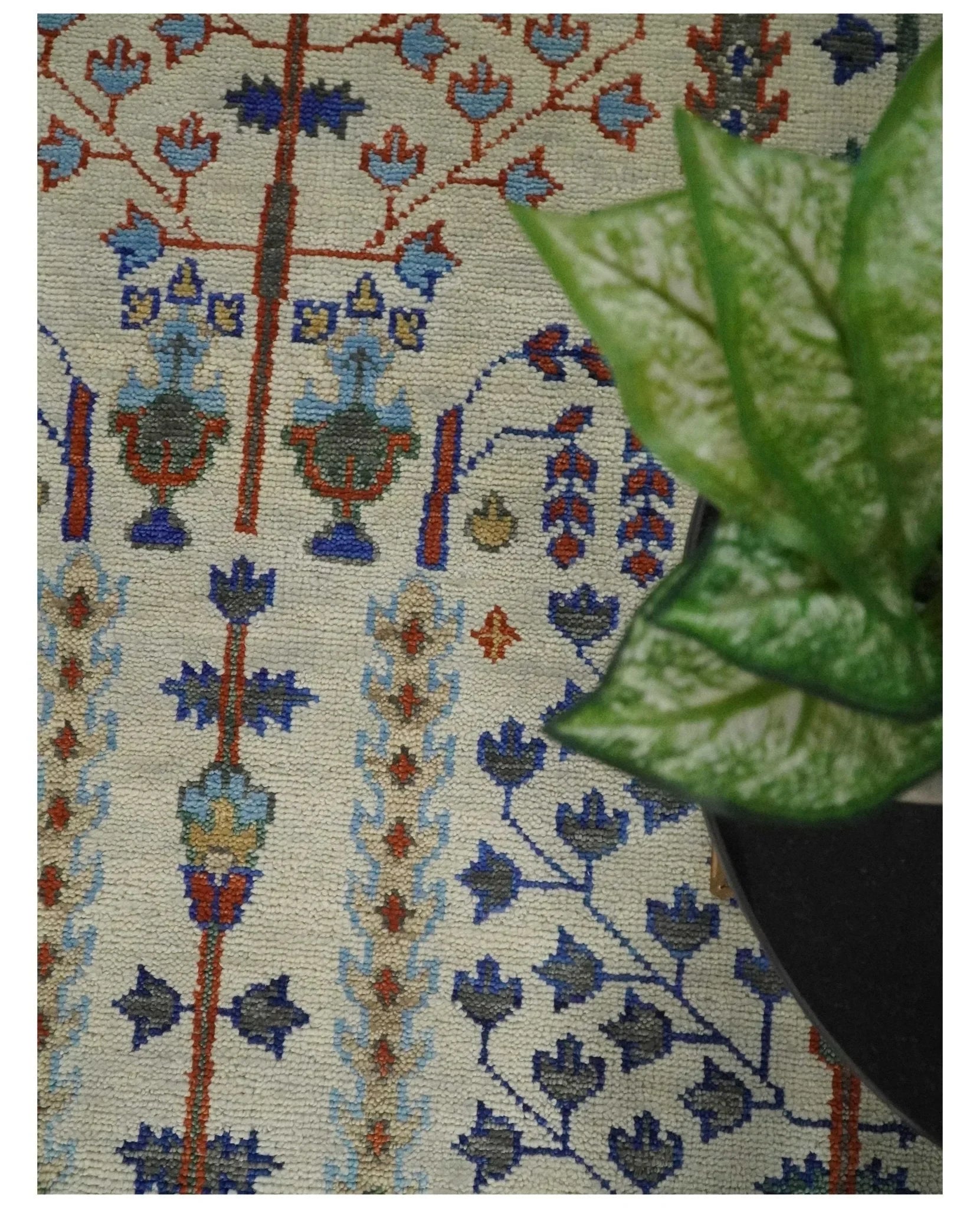 8x10 Hand Knotted Antique Ivory, Blue and Gray Traditional Persian Vintage Oushak Wool Rug | TRDCP712 - The Rug Decor