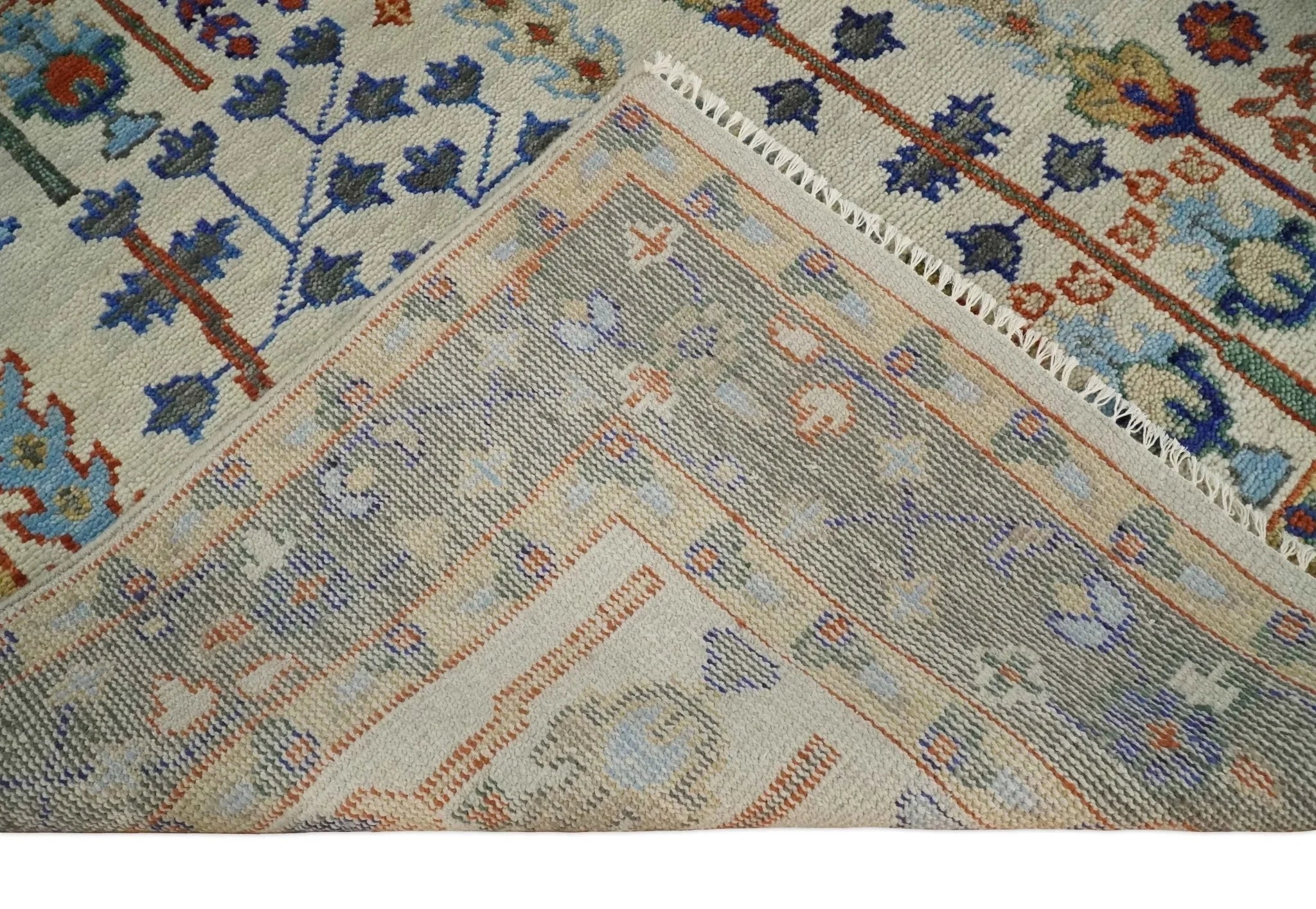 8x10 Hand Knotted Antique Ivory, Blue and Gray Traditional Persian Vintage Oushak Wool Rug | TRDCP712 - The Rug Decor