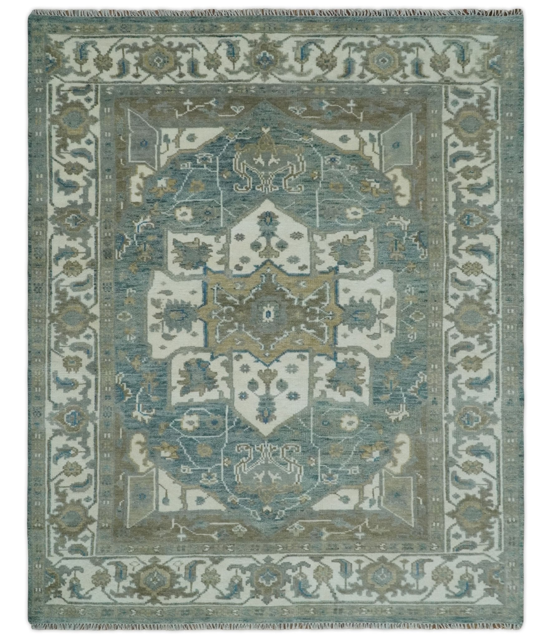 8x10 Hand Knotted Beige, Ivory and Gray Traditional Turkish Design Wool Area Rug