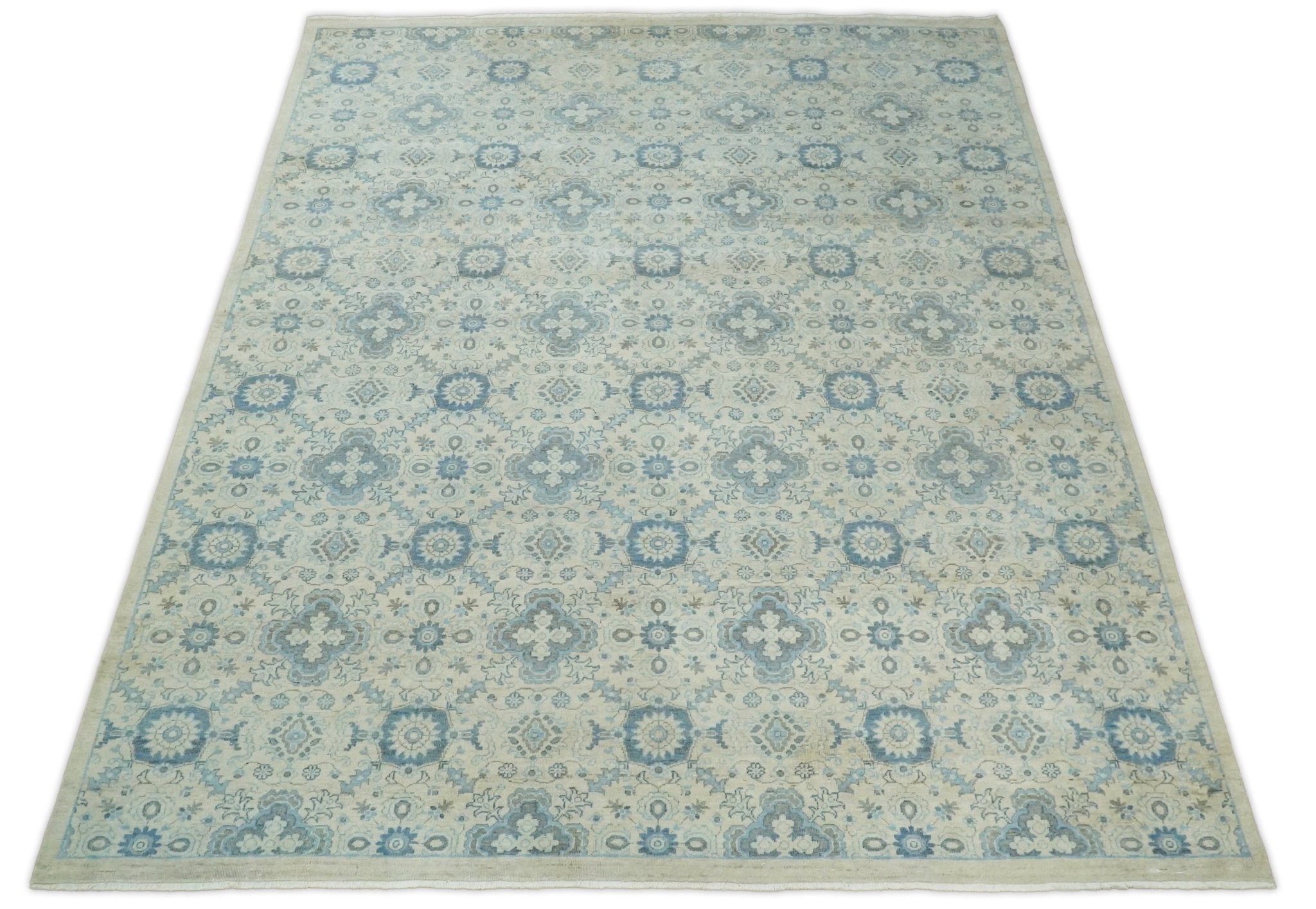 Hand Knotted Traditional Ivory and Blue Oxidized Textured Low Pile Wool Rug
