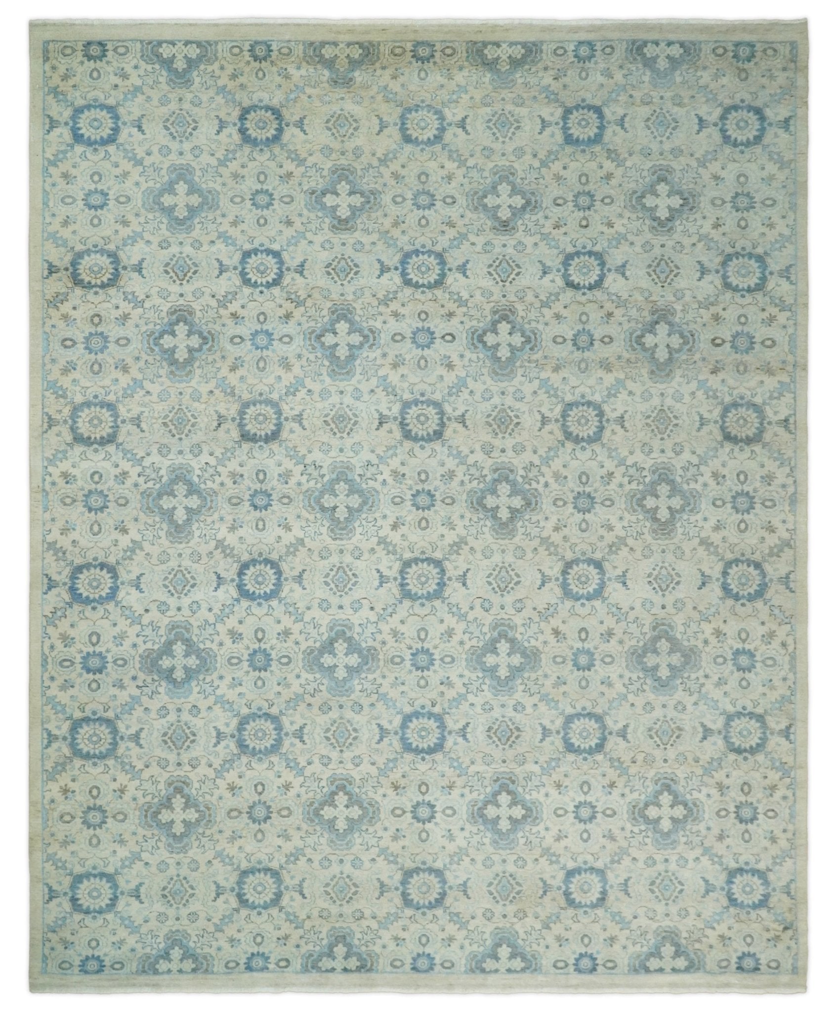 Vintage 8x10 Hand Knotted Traditional Ivory and Blue Oxidized Textured Low Pile Wool Rug | TRD1650810