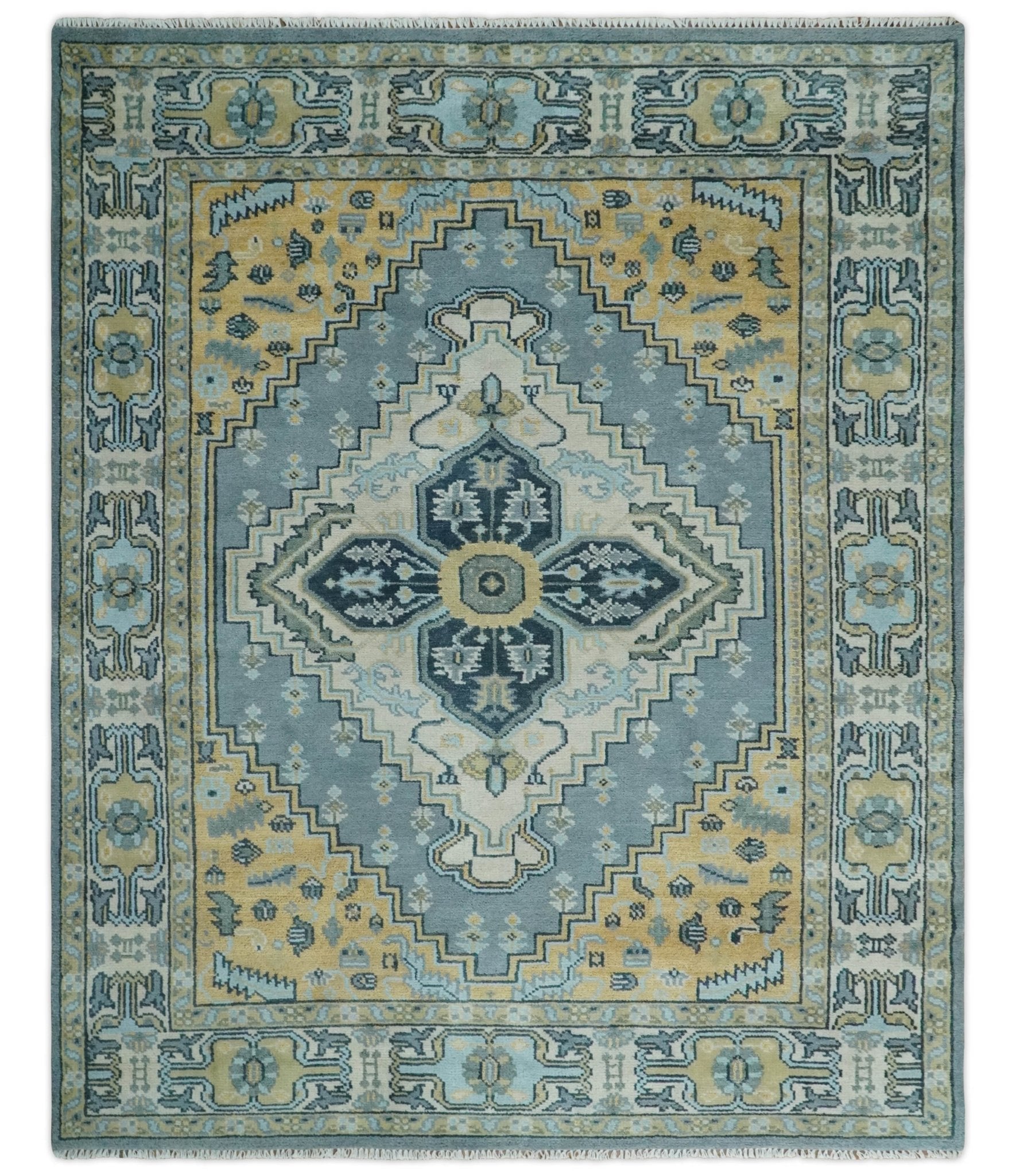 8x10 Ivory, Blue and Beige Heriz Serapi Traditional Persian Antique Hand Knotted Wool Area Rug | TRDCP1117810