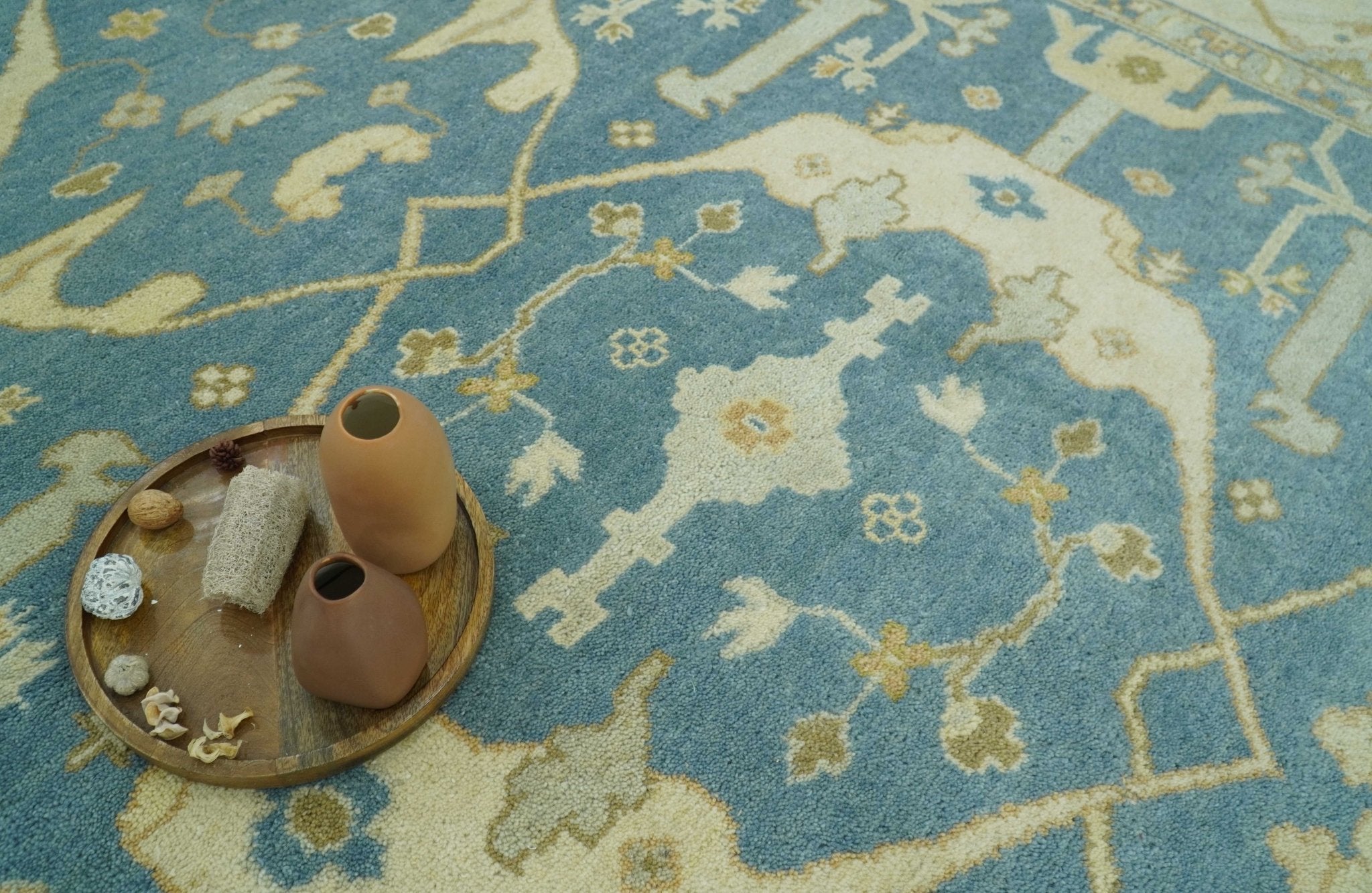 8x10 Teal, Olive and Beige Hand Knotted Traditional Oriental Oushak wool area rug