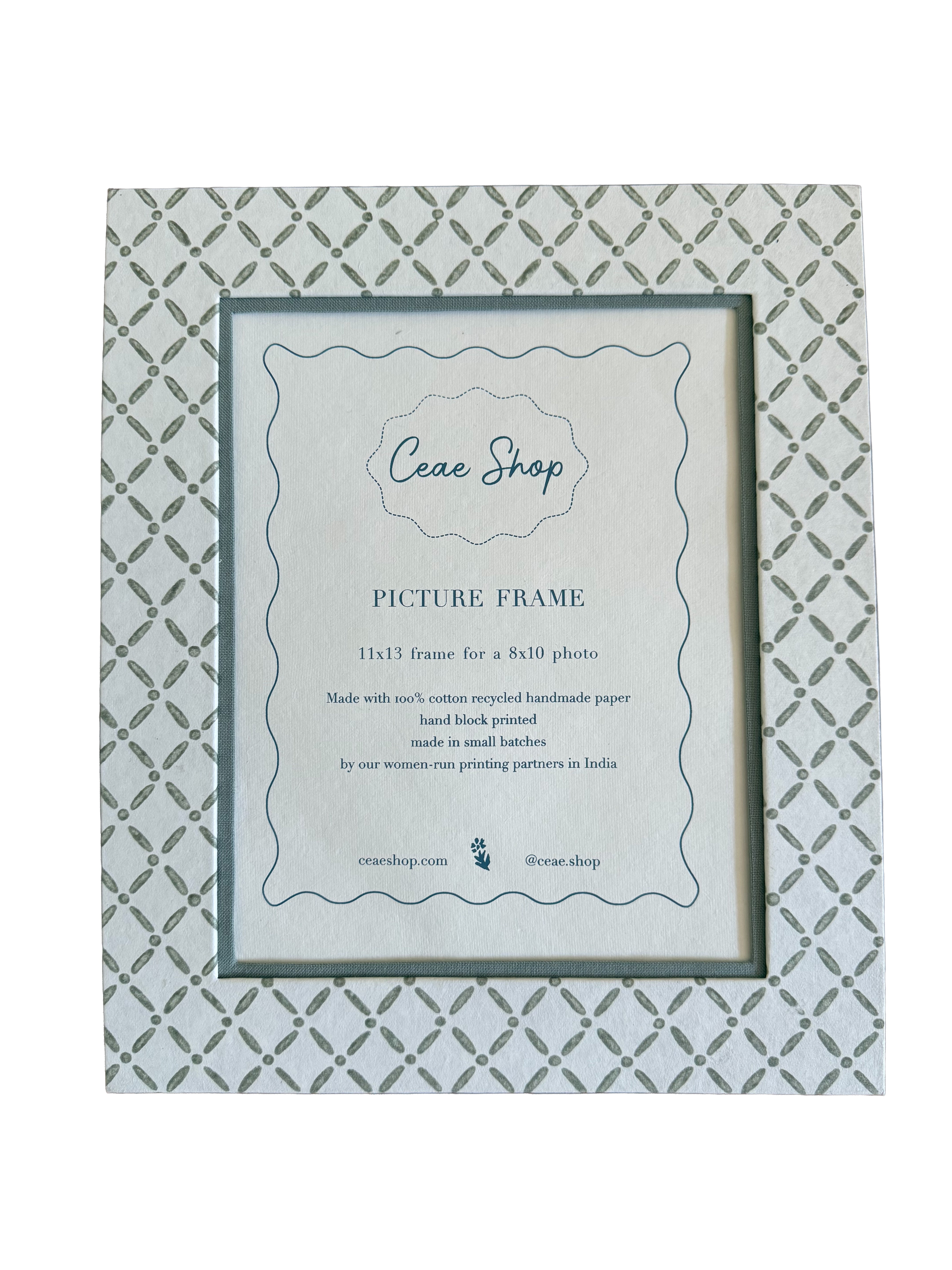 8x10 Block Printed Frame, for wall or tabletop in Croix Green