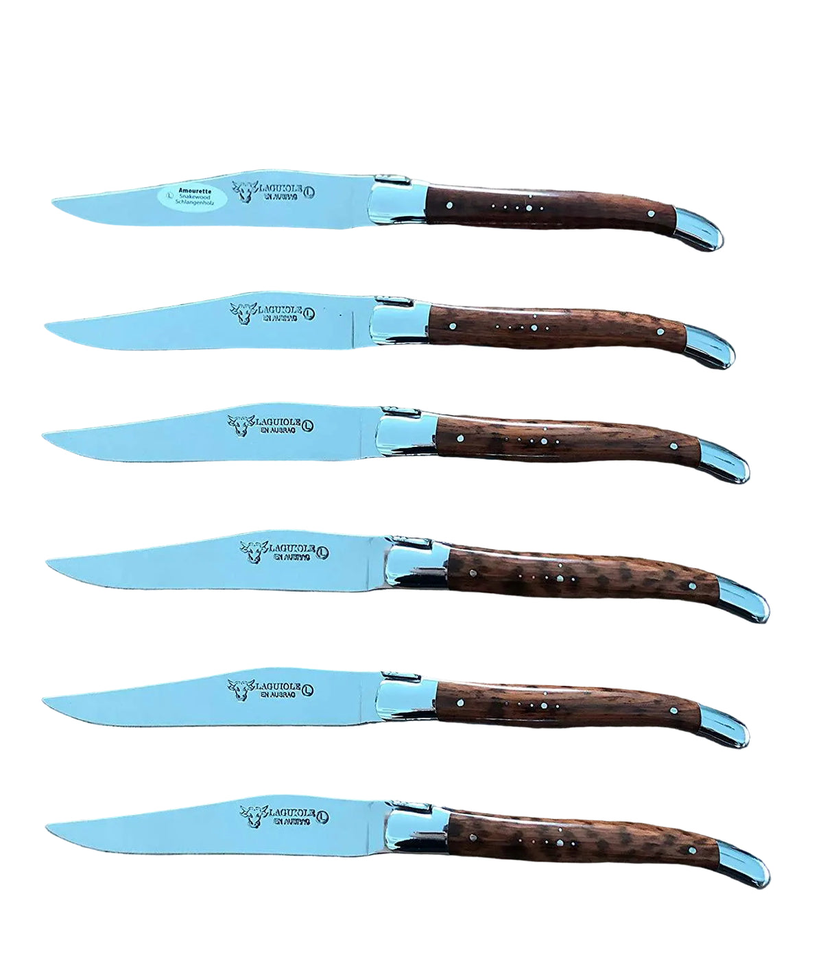 Handcrafted Steak Knife with Amourette Snakewood Handles by Laguiole en Aubrac – Set of 6