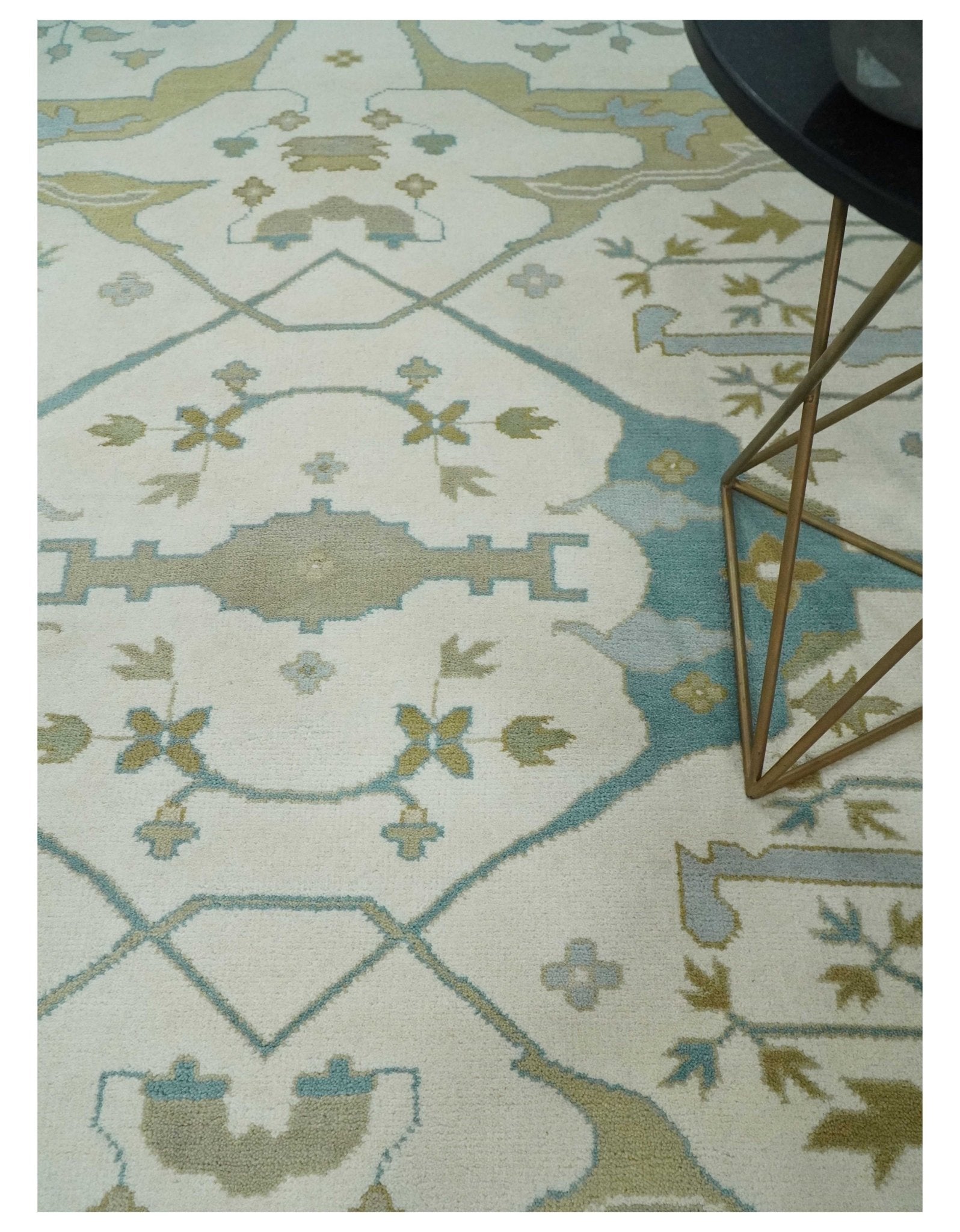 9.3x12.1 Hand Knotted Oriental Oushak Ivory, Brown and Beige Wool Area Rug