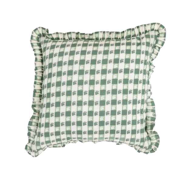 Virginia Stripe Green Ruffled Throw Pillow by Trudie — 20″ × 20″