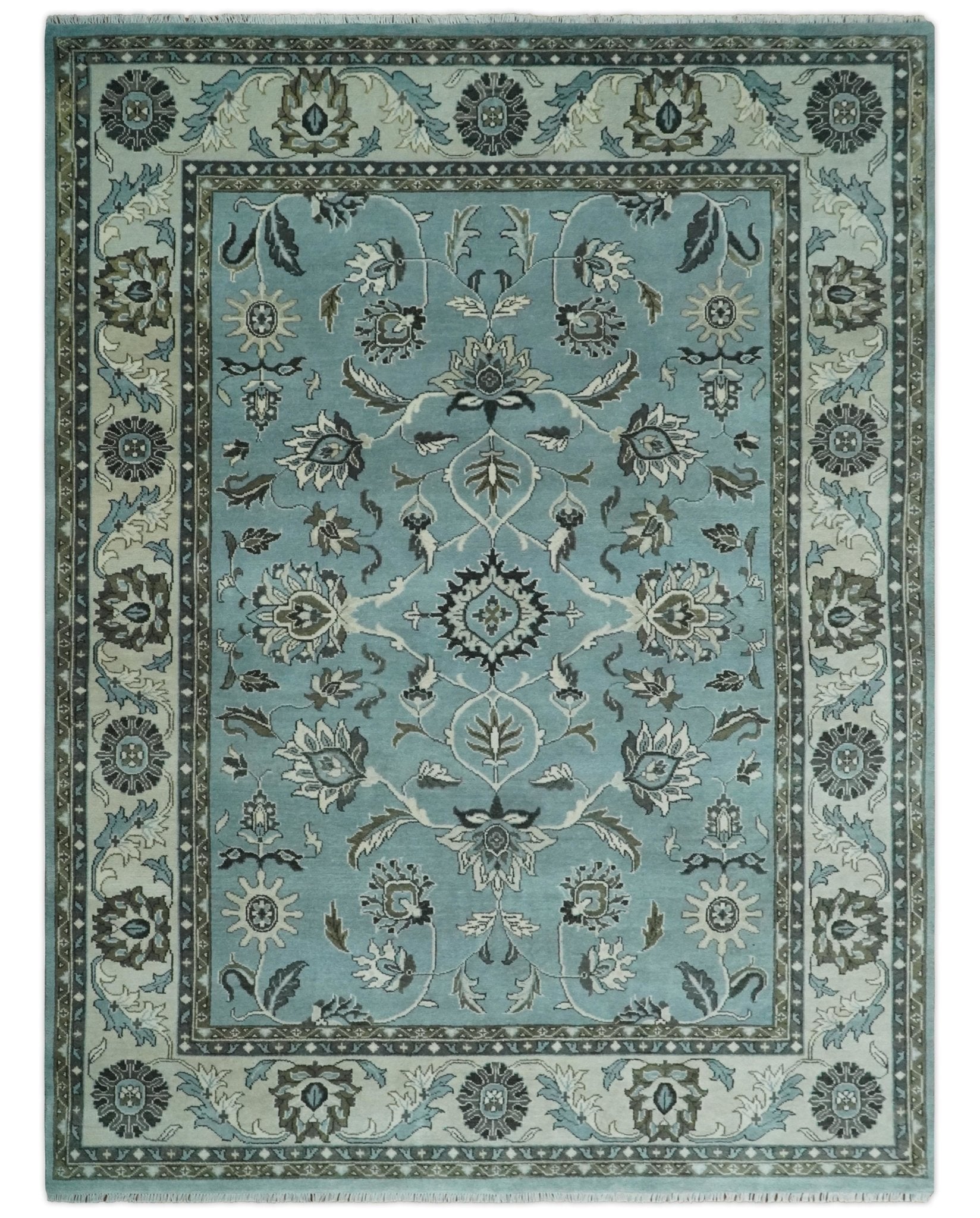 8x10 and 9x12 Antique Hand Knotted Blue and Ivory Traditional Vintage Persian Oushak Wool Rug | TRDCP998912
