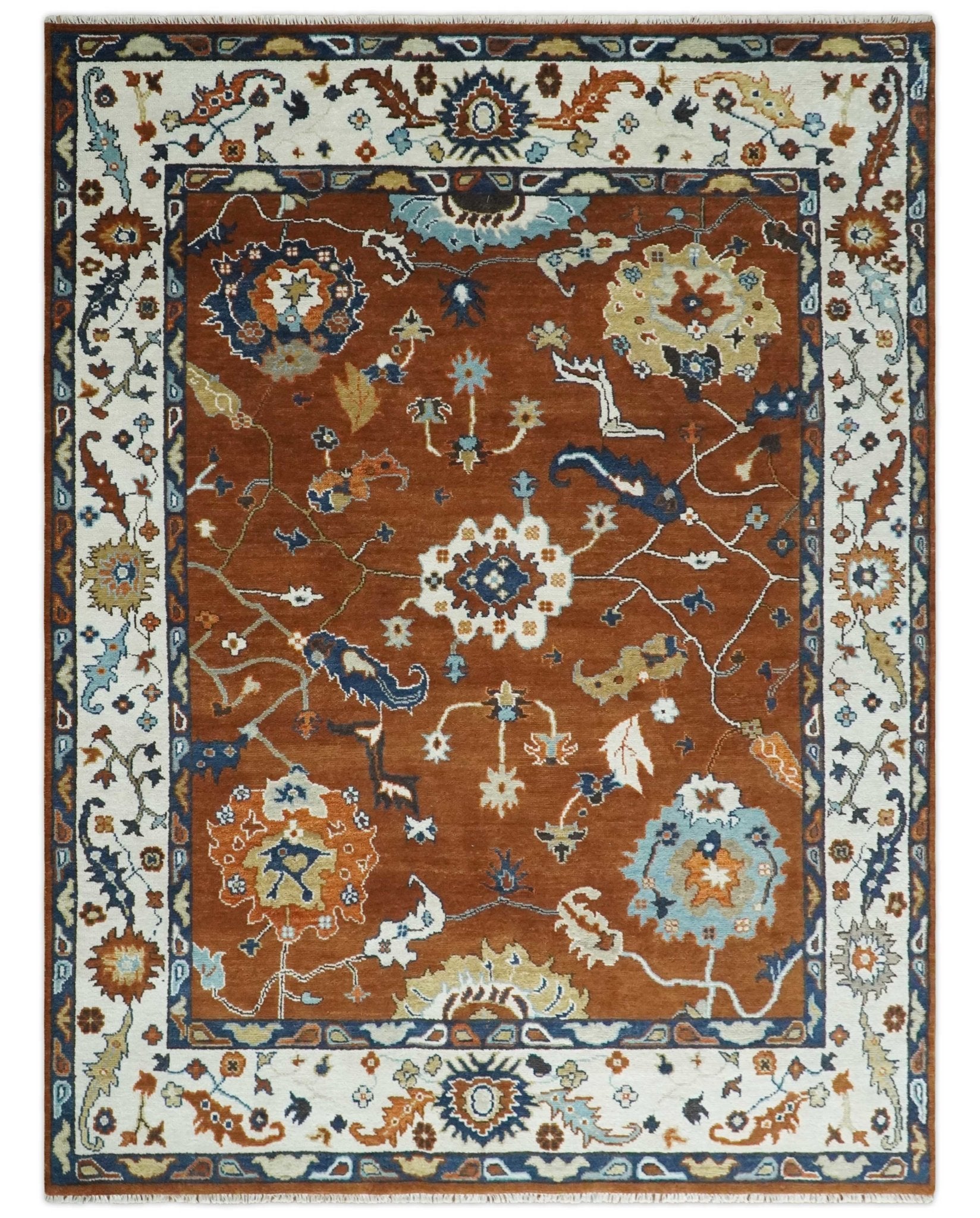 9x12 Antique Hand Knotted Rust and Ivory Traditional Vintage Persian Oushak Wool Rug | TRDCP975912