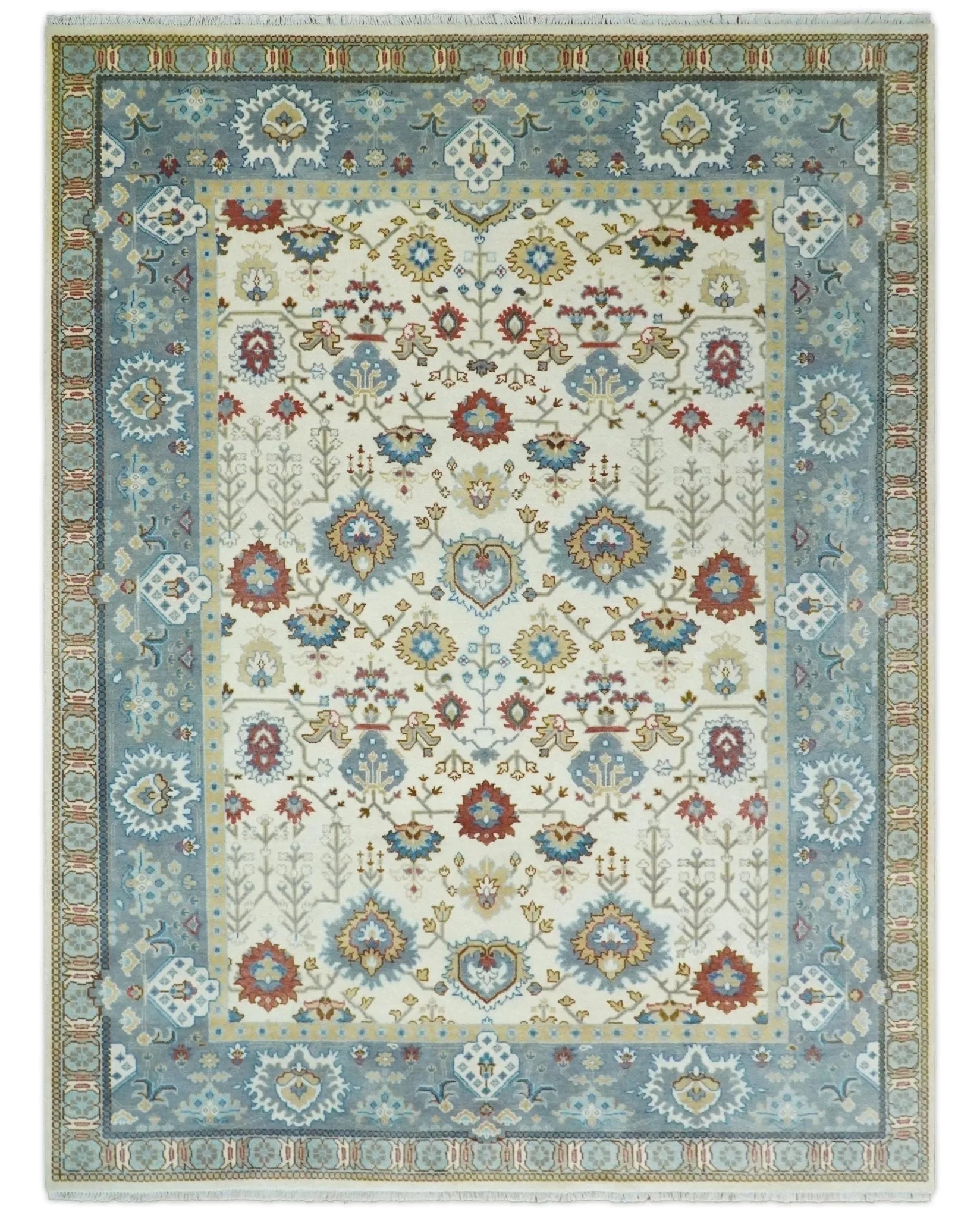 9x12 Hand Knotted Ivory, Blue and Olive Persian Oushak Wool Area Rug | TRDCP904912