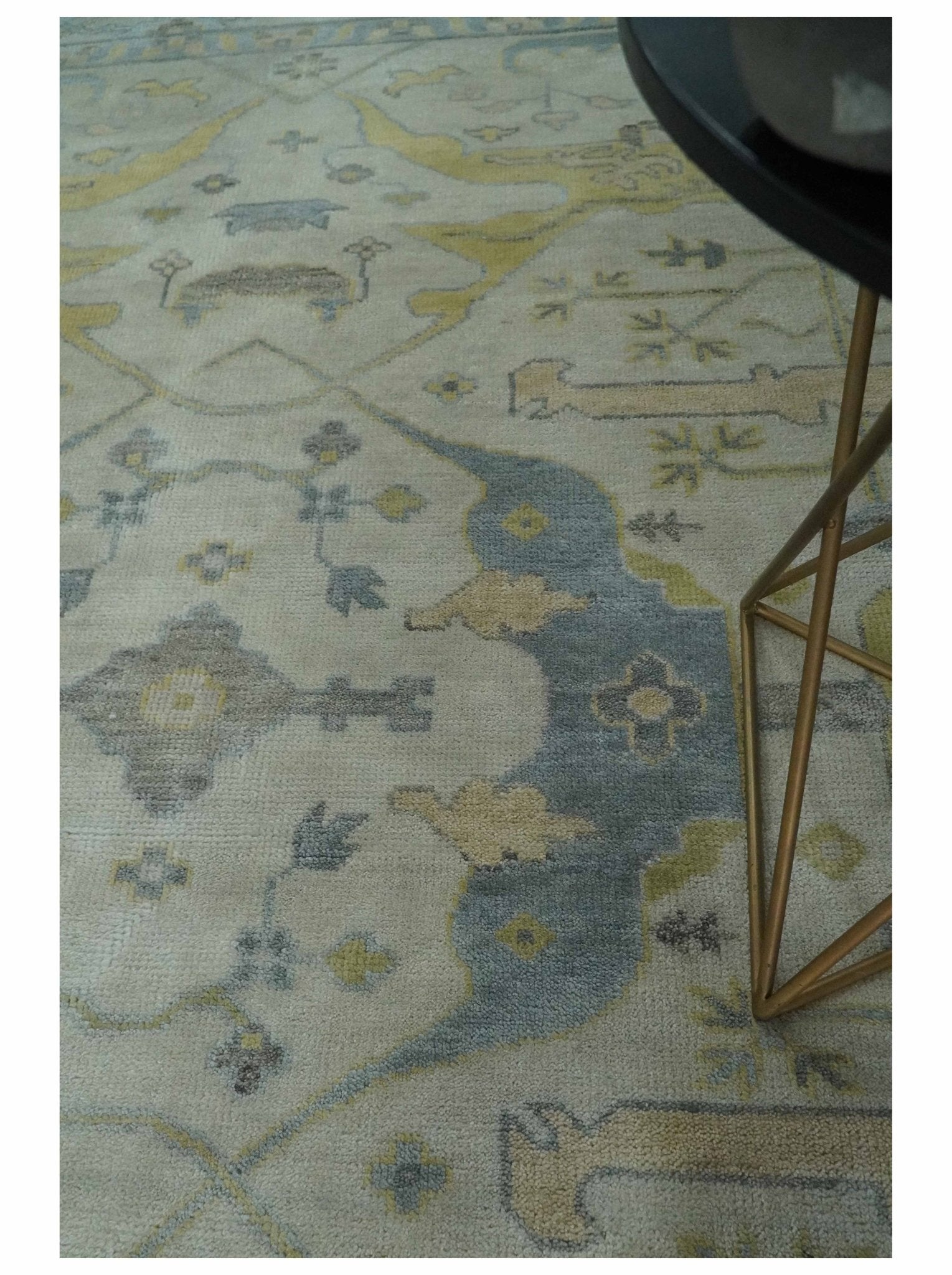 9x12 Hand Knotted Oriental Oushak Ivory, Charcoal and Yellow Wool Area Rug