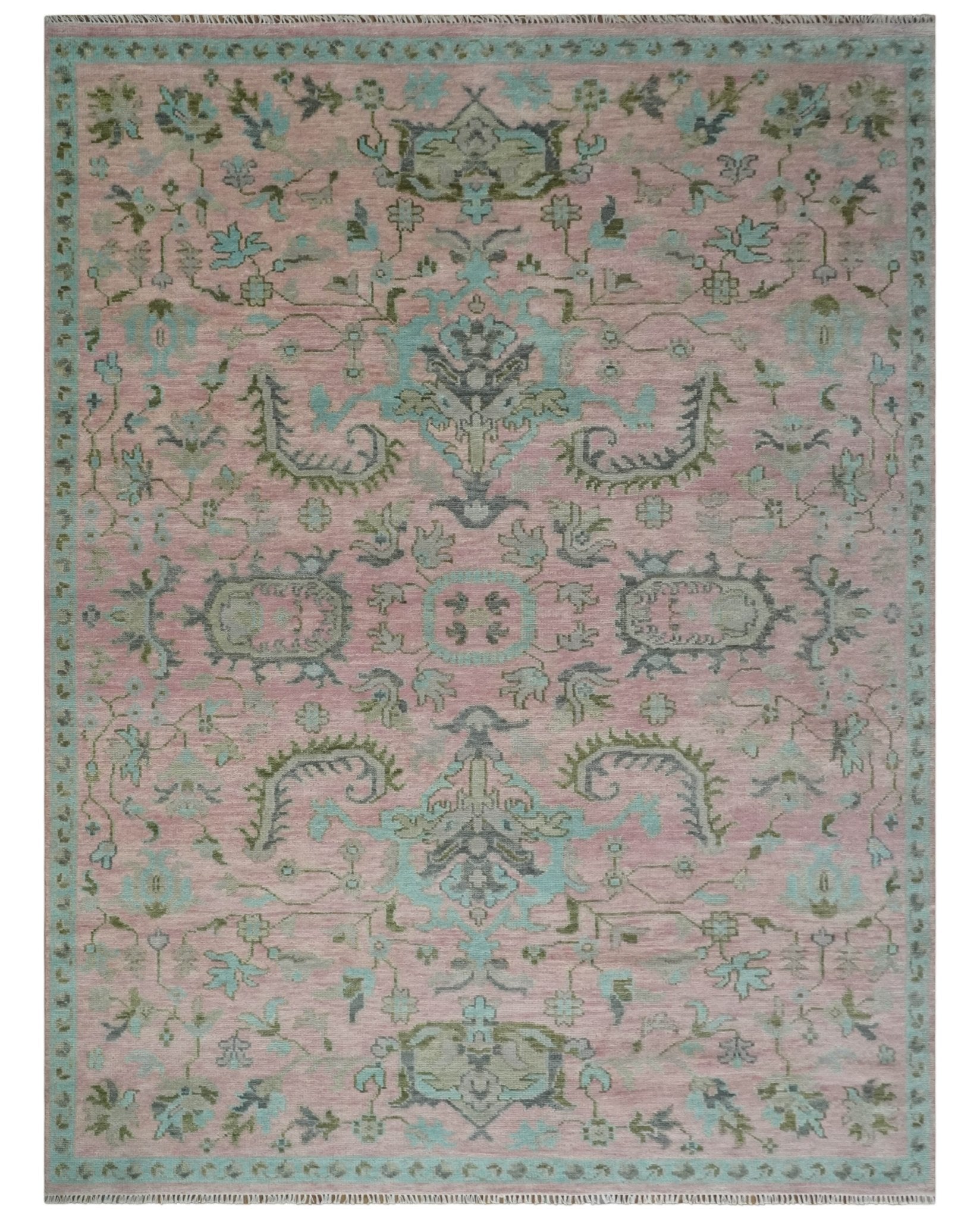 9x12 Hand Knotted Pink and Aqua Oriental Oushak Traditional Wool Area Rug