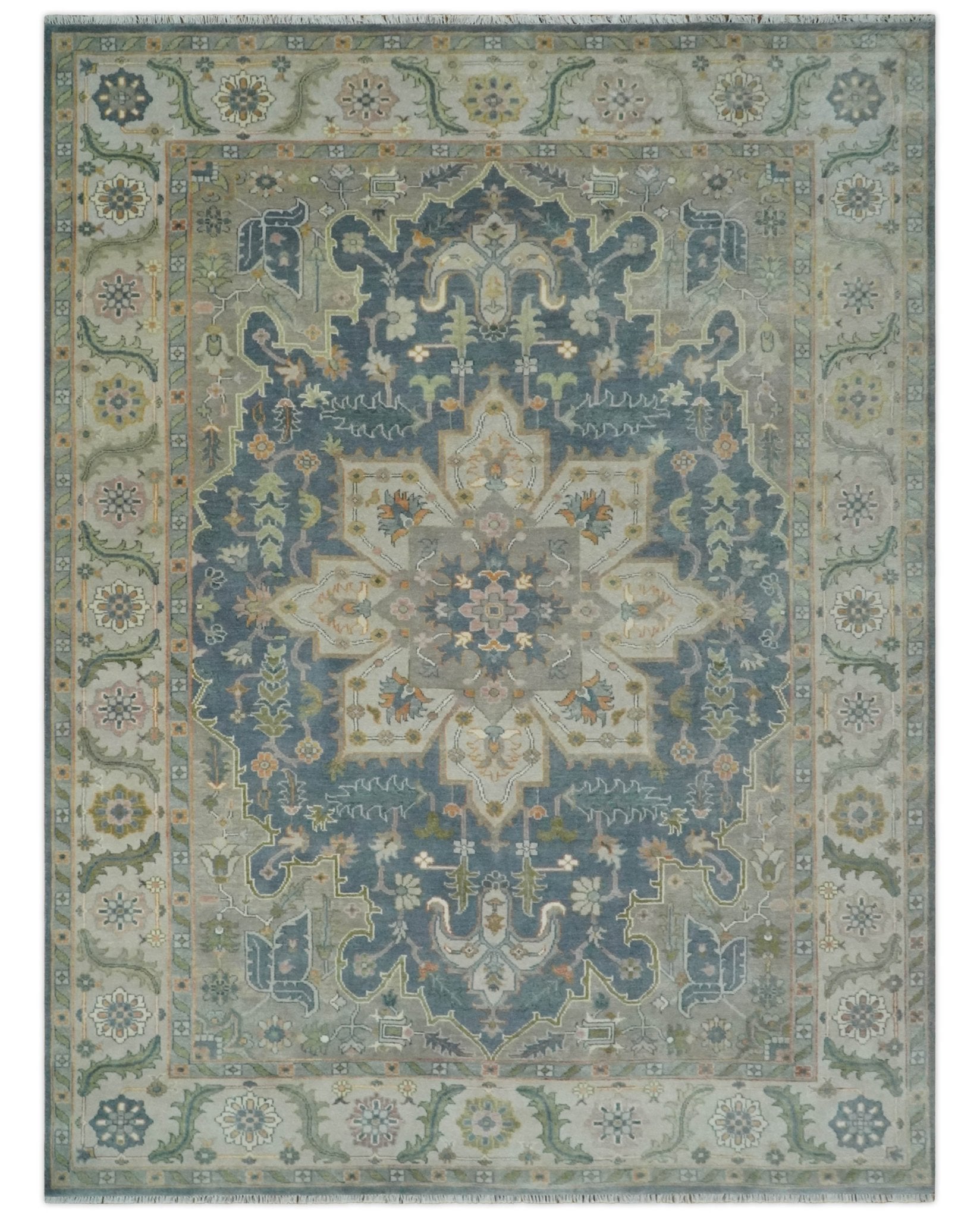 9x12 Hand Knotted Silver and Blue Traditional Heriz Serapi Antique Wool Rug, Living Room and Bedroom Rug
