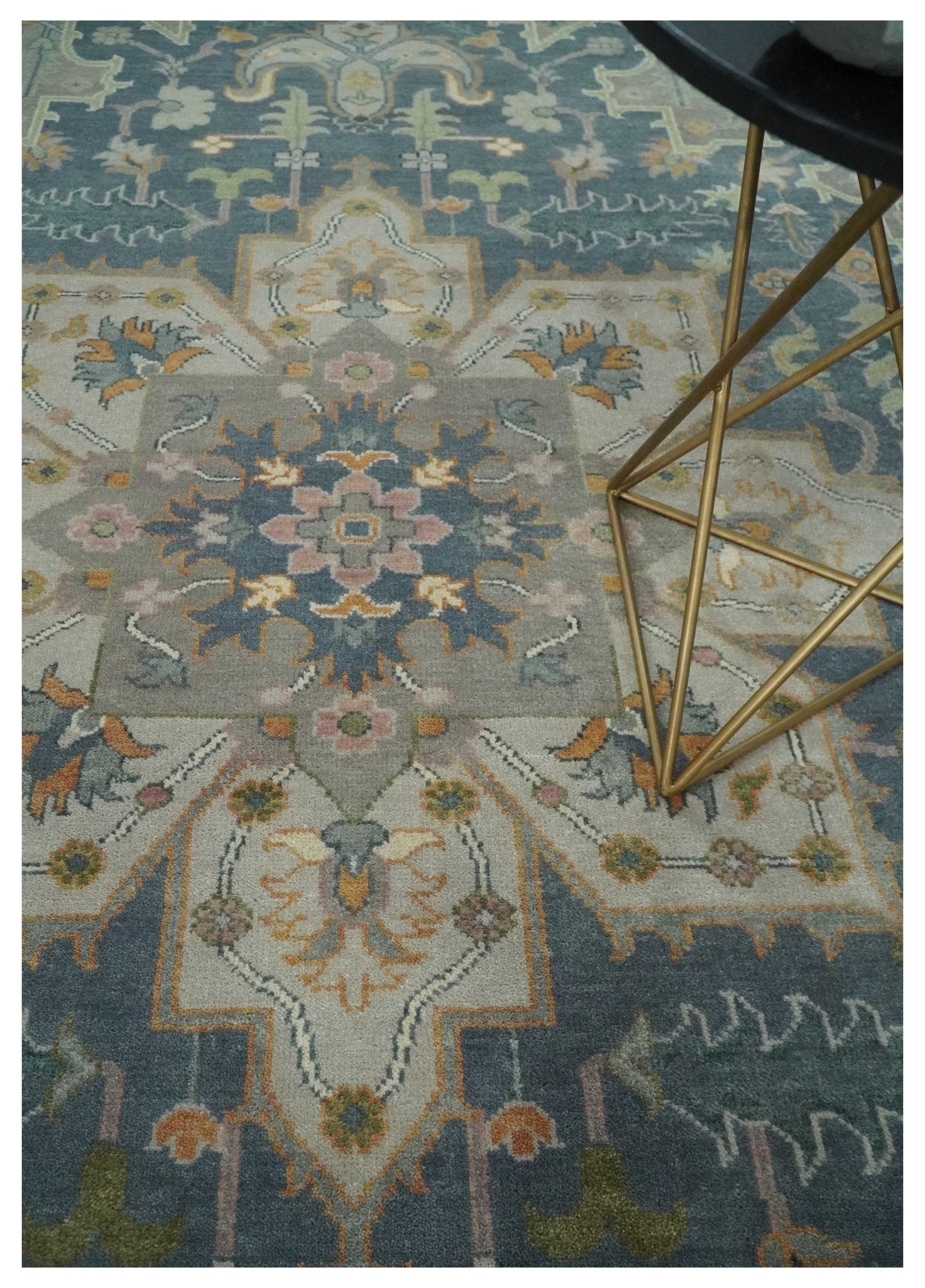 9x12 Hand Knotted Silver and Blue Traditional Heriz Serapi Antique Wool Rug, Living Room and Bedroom Rug