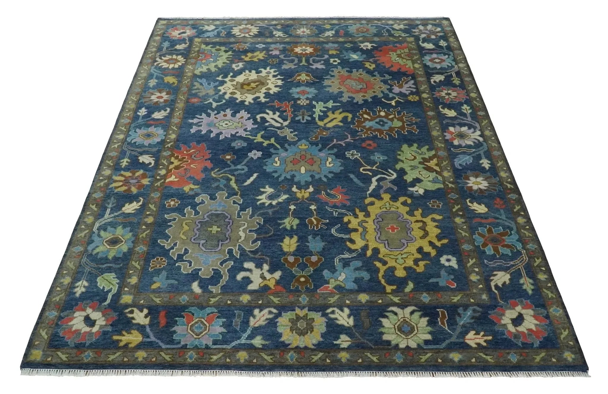 9x12 Wool Traditional Persian Blue and Gray Vibrant Colorful Hand knotted Oushak Area Rug | TRDCP1365912 - The Mayfair Hall