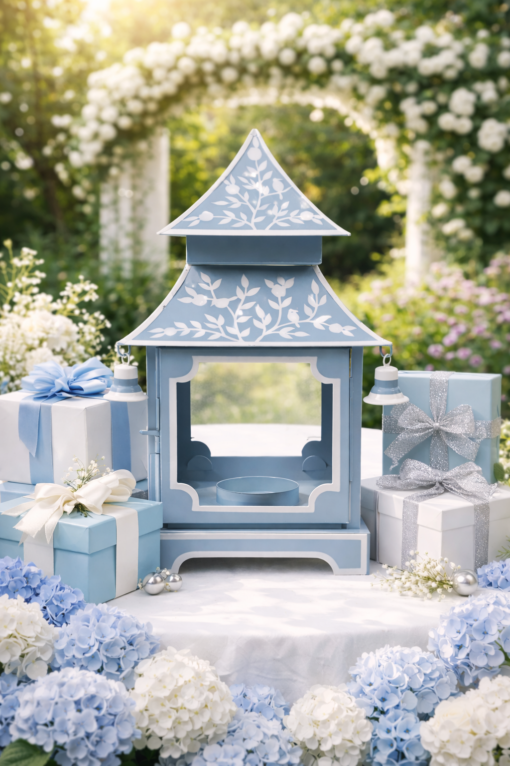 Soft Blue & White Bird & Vine Pagoda Lantern (4 Sizes)
