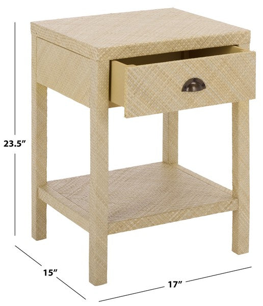Apis Raffia Accent Table in Natural with Storage Drawer and Shelf