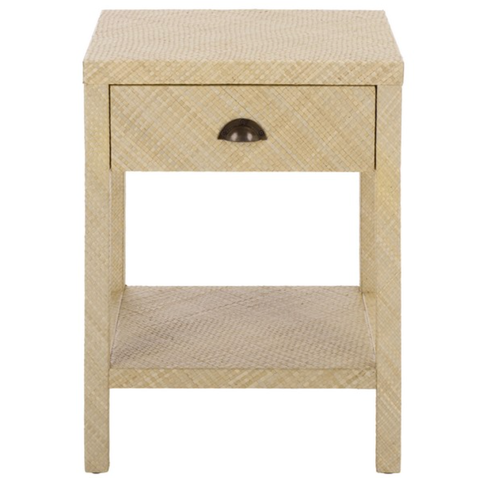 Apis Raffia Accent Table in Natural with Storage Drawer and Shelf