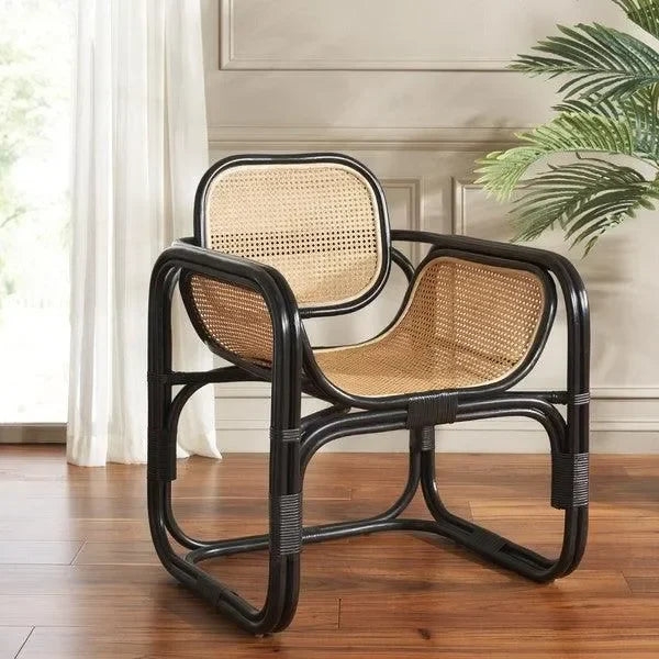 Nadie Wood Accent Chair in Natural and Black with Rattan Mesh - The Mayfair Hall