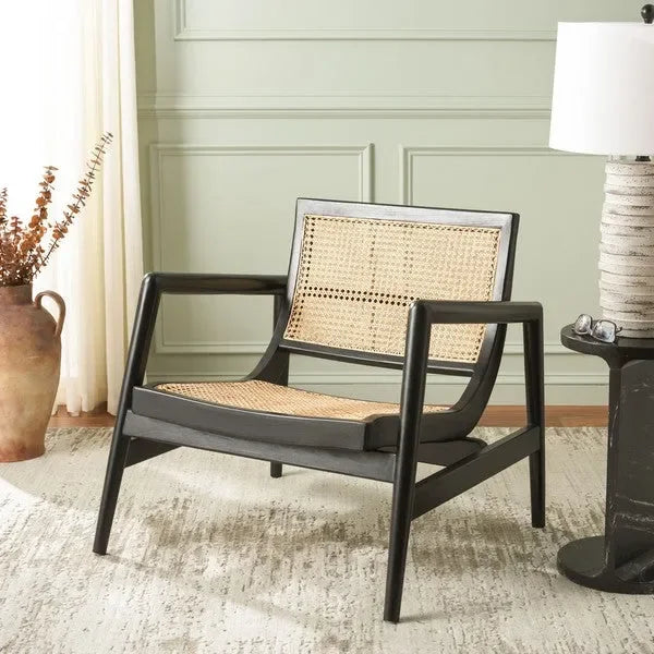 Ender Sungkai Wood Accent Chair in Black with Rattan Weave - The Mayfair Hall