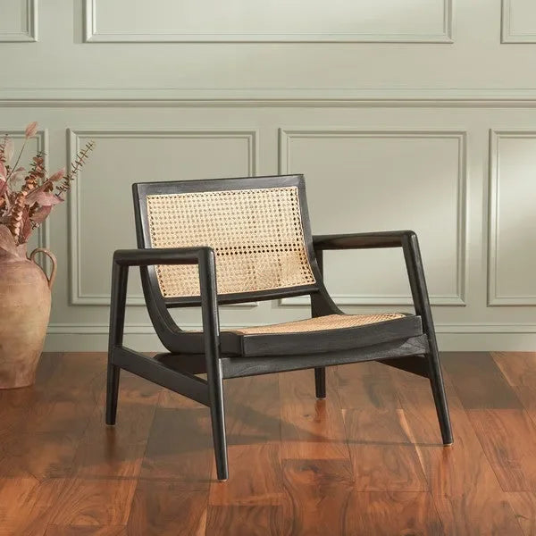 Ender Sungkai Wood Accent Chair in Black with Rattan Weave - The Mayfair Hall