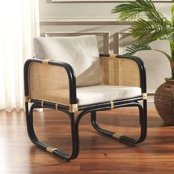 Alybeth Rattan Accent Chair in White/Black with Cushion - The Mayfair Hall