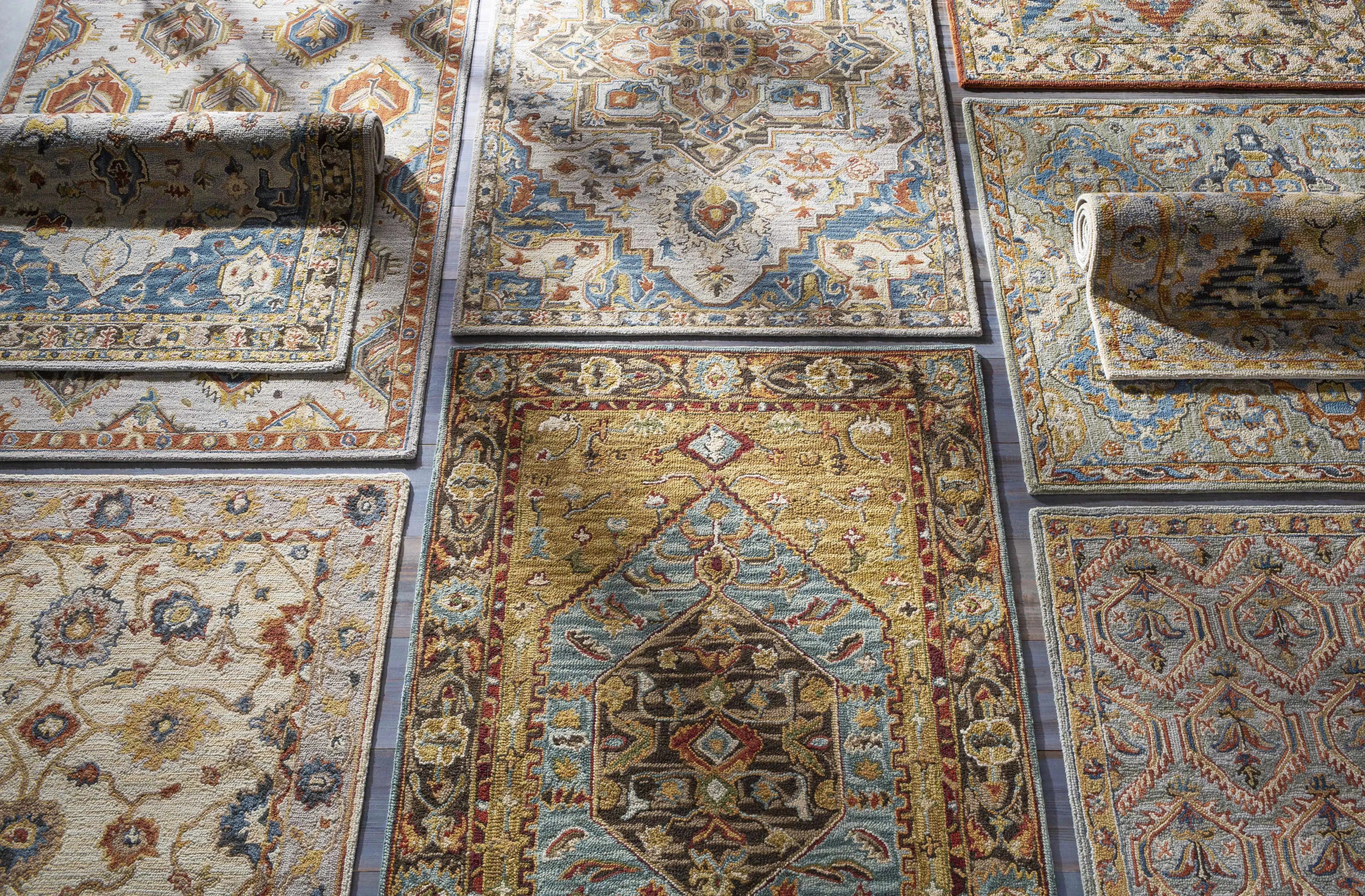 Birtley Wool Area Rug in Camel and Blue