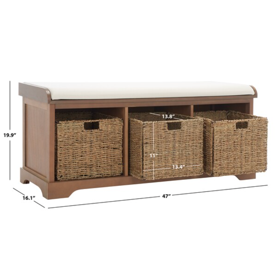 Lonan Wicker Storage Bench in Grey Wash with White Cotton Cushion