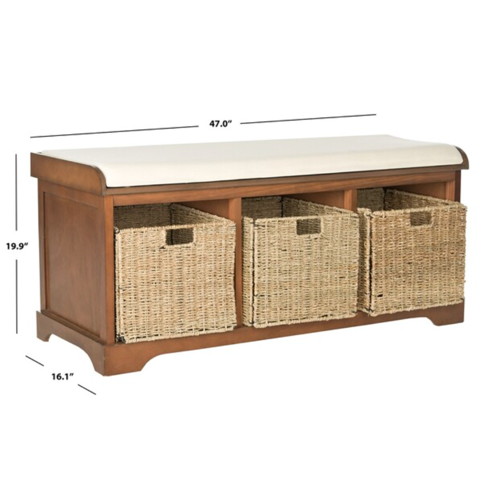 Lonan Wicker Storage Bench in Medium Walnut with White Cotton Cushion