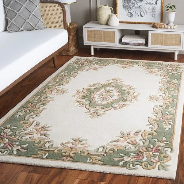 Aubusson Wool Rug in Ivory and Green - The Mayfair Hall