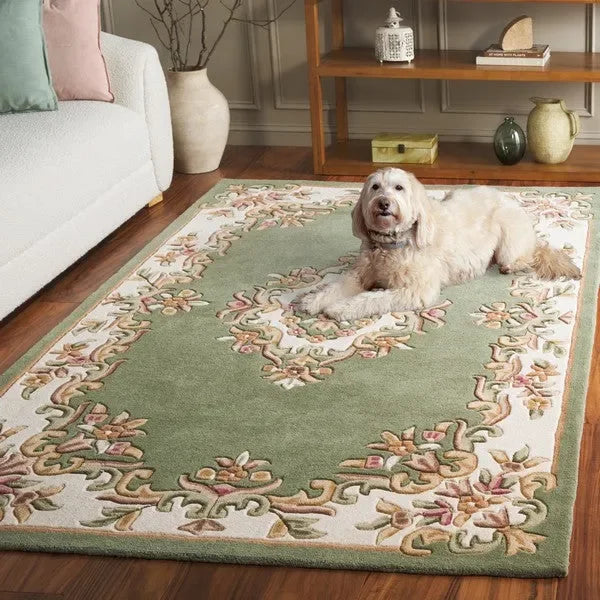 Aubusson Wool Rug in Green and Ivory - The Mayfair Hall