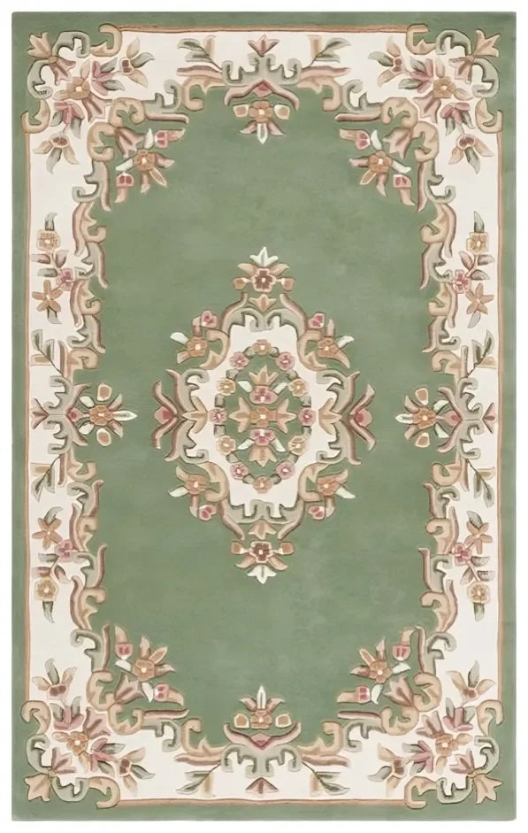 Aubusson Wool Rug in Green and Ivory - The Mayfair Hall