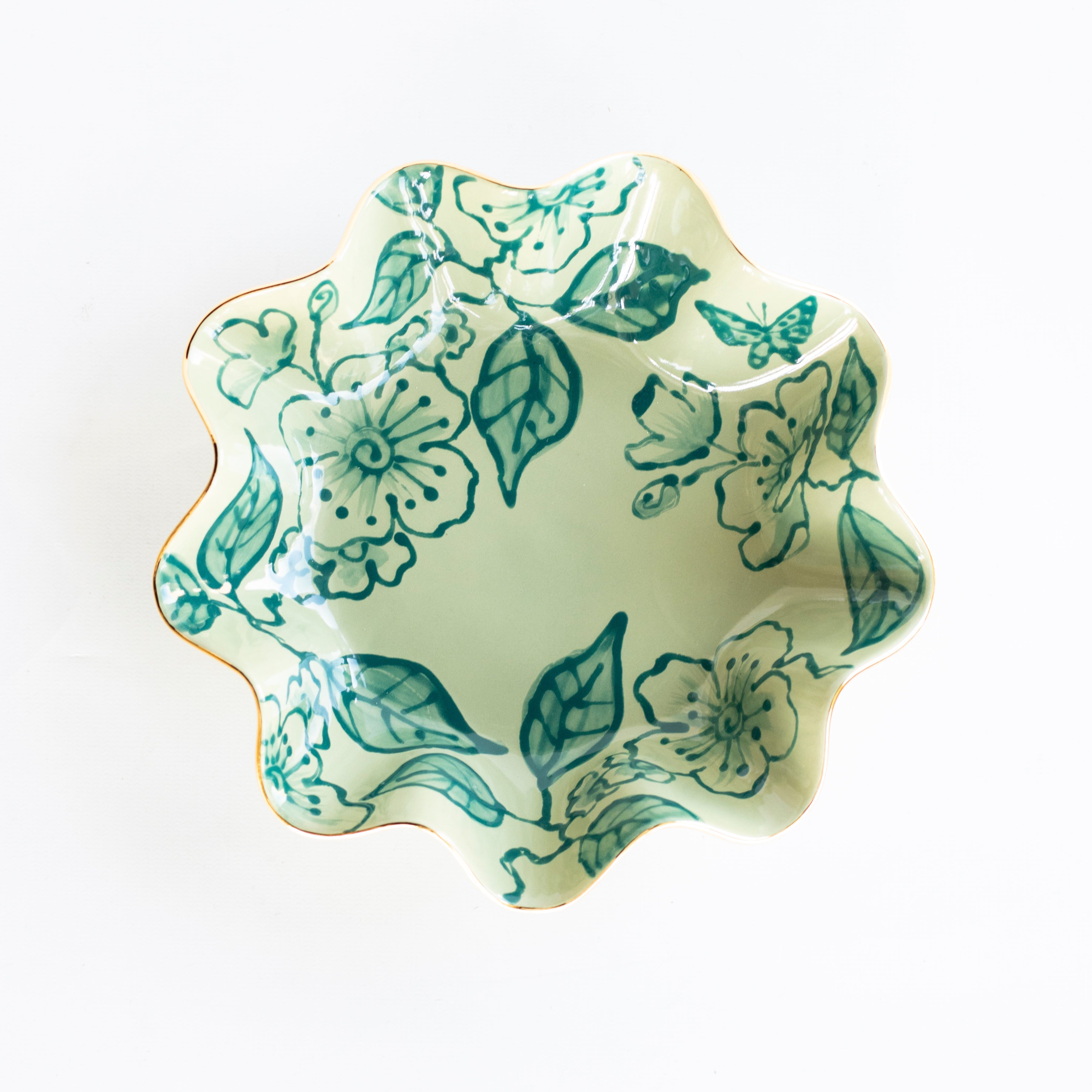 Allora Green Blossom Chinoiserie Wavy Bowls
