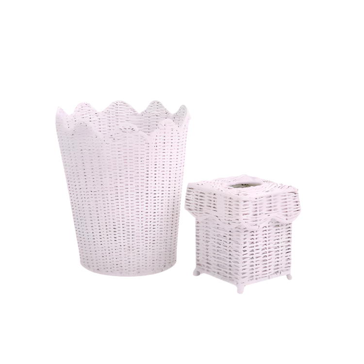 Pink Scalloped Wicker Wastepaper Basket & Tissue Holder