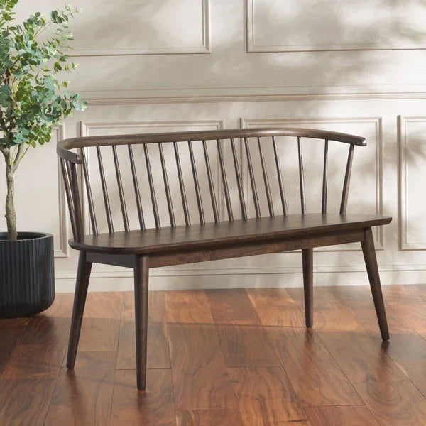 Blanchard Wood Bench in Dark Walnut with Curved Spindle Back - The Mayfair Hall