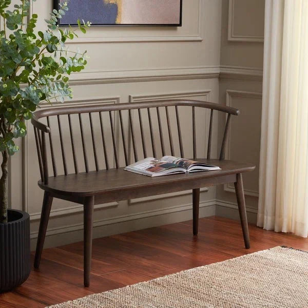 Blanchard Wood Bench in Dark Walnut with Curved Spindle Back - The Mayfair Hall
