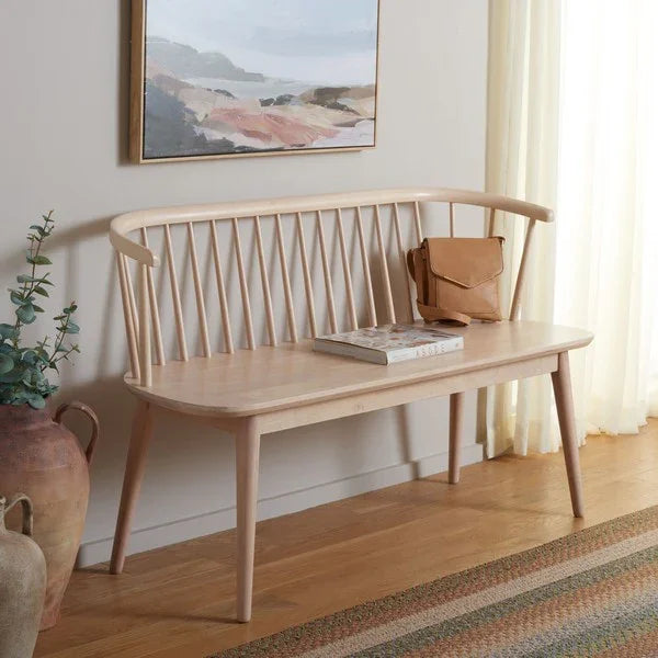 Blanchard Wood Bench in White-Washed with Spindle Back - The Mayfair Hall
