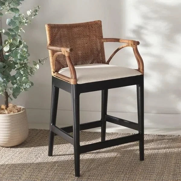 Gianni Rattan Counter Stool in Black with Wooden Legs