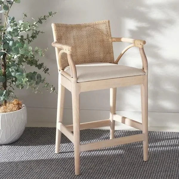 Gianni Rattan Counter Stool in White Wash with Wooden Legs - The Mayfair Hall