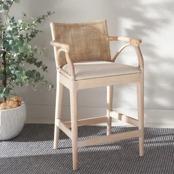 Gianni Rattan Counter Stool in White Wash with Wooden Legs - The Mayfair Hall