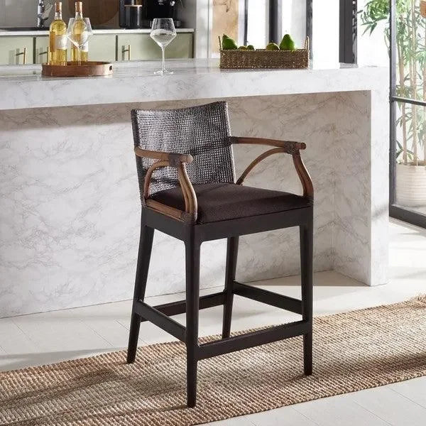 Gianni Rattan Counter Stool in Brown with Wooden Legs - The Mayfair Hall