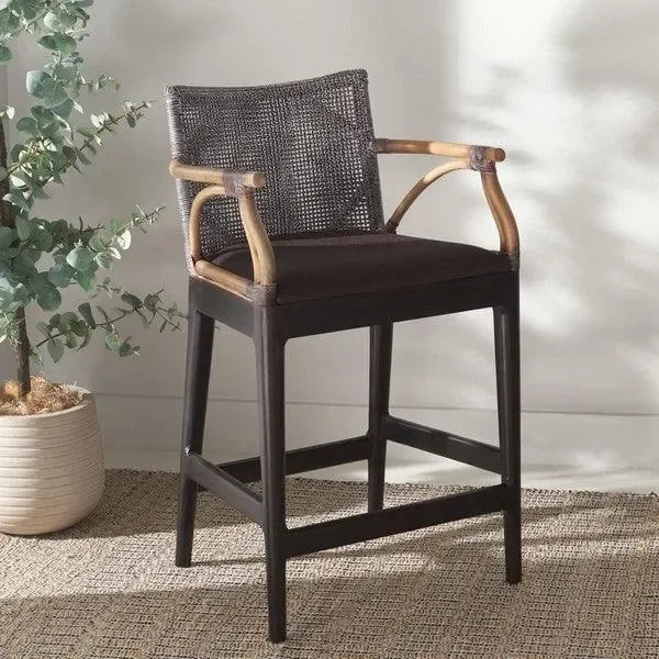 Gianni Rattan Counter Stool in Brown with Wooden Legs - The Mayfair Hall
