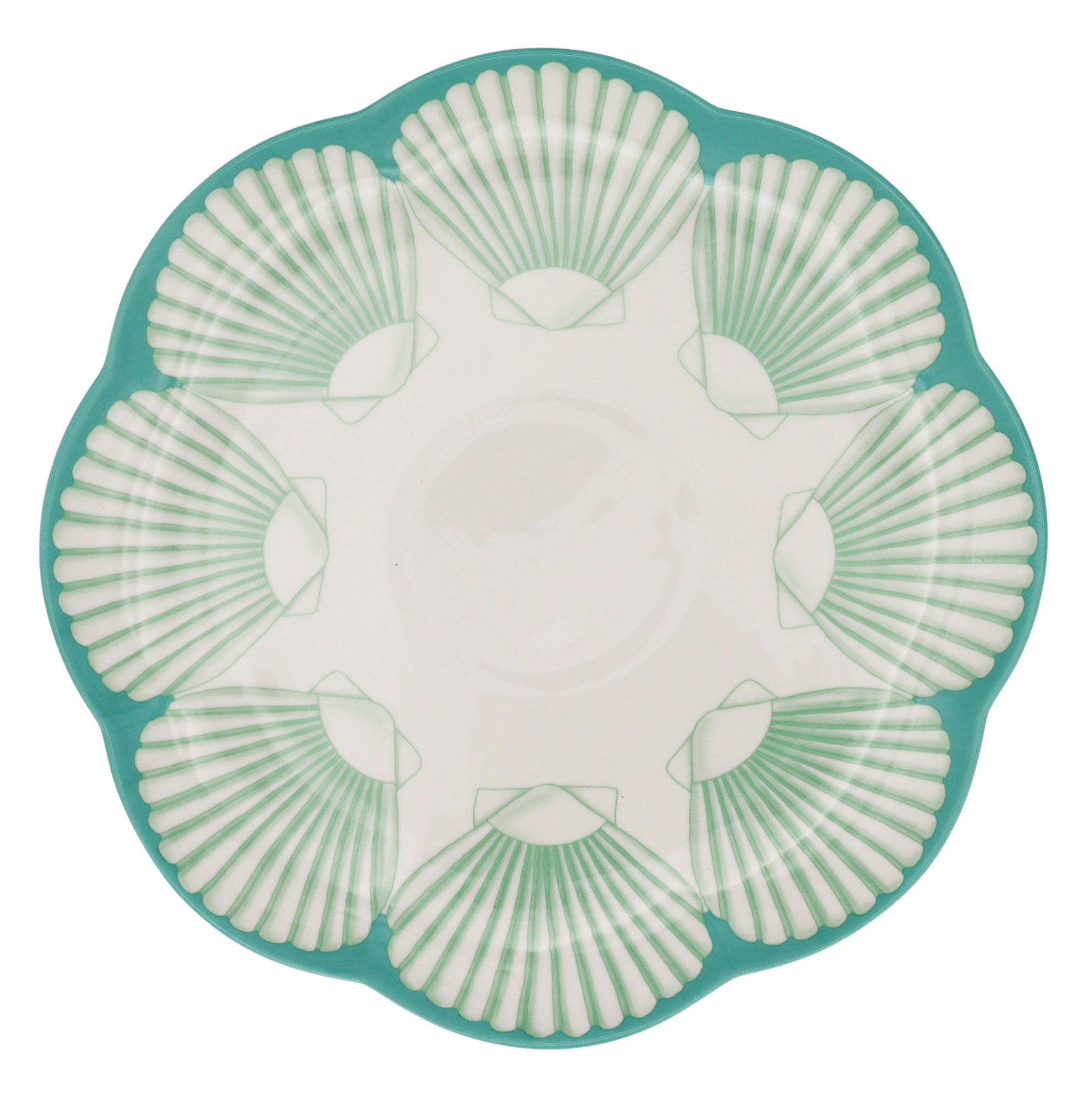 Balearic Blu Ceramic Dinner Plate in White with Green Design and Hand-Painted Rim (Set of 4)