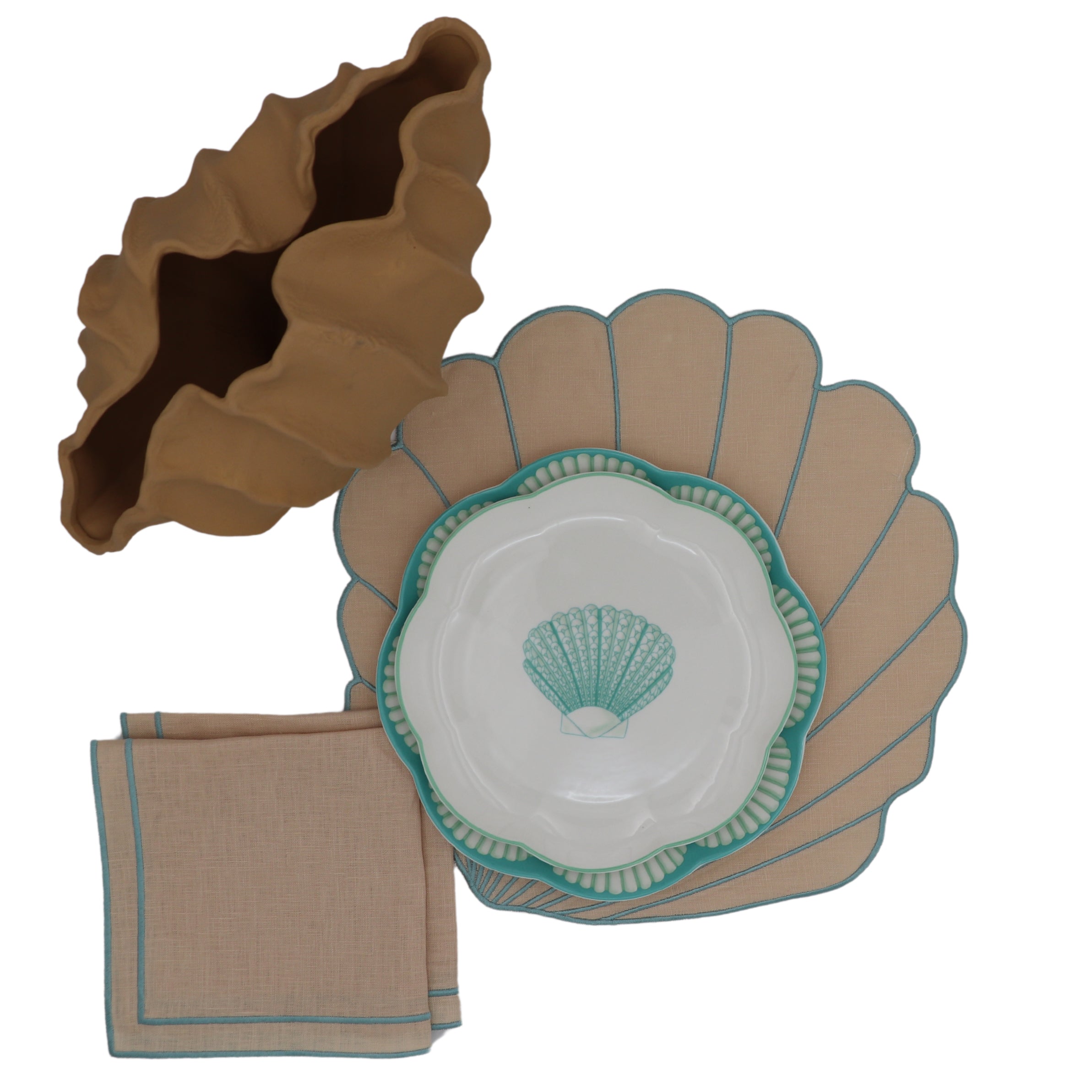 Balearic Blu Ceramic Dinner Plate in White with Green Design and Hand-Painted Rim (Set of 4)