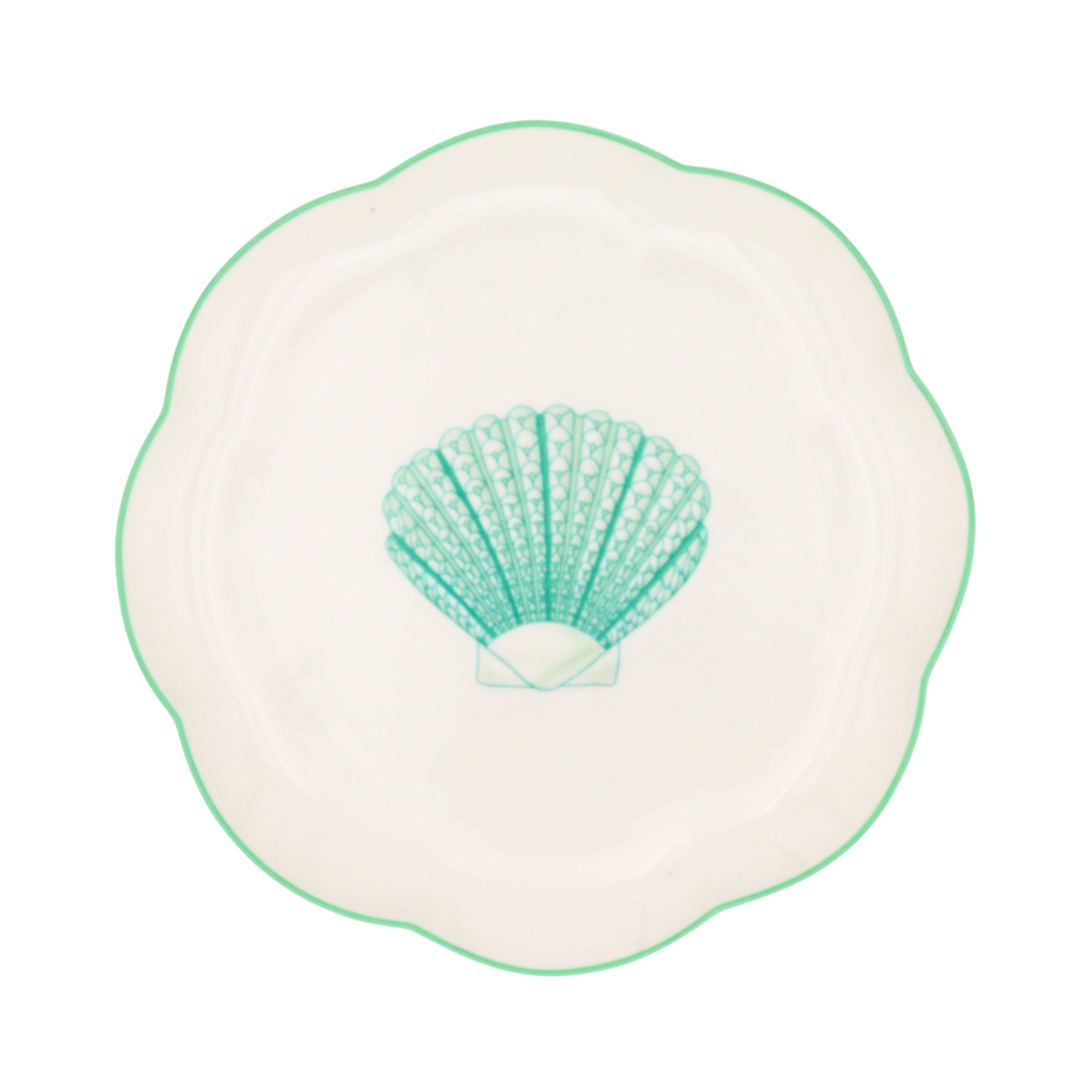 Balearic Blu Ceramic Starter Plate in White with Green Scallop Shell Design and Hand-Painted Rim (Set of 4)