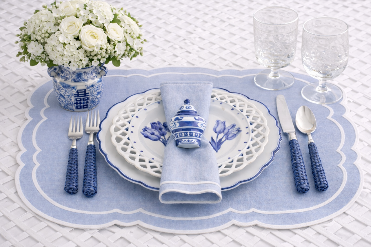 Charleston Pale Blue & White Placemat & Napkin