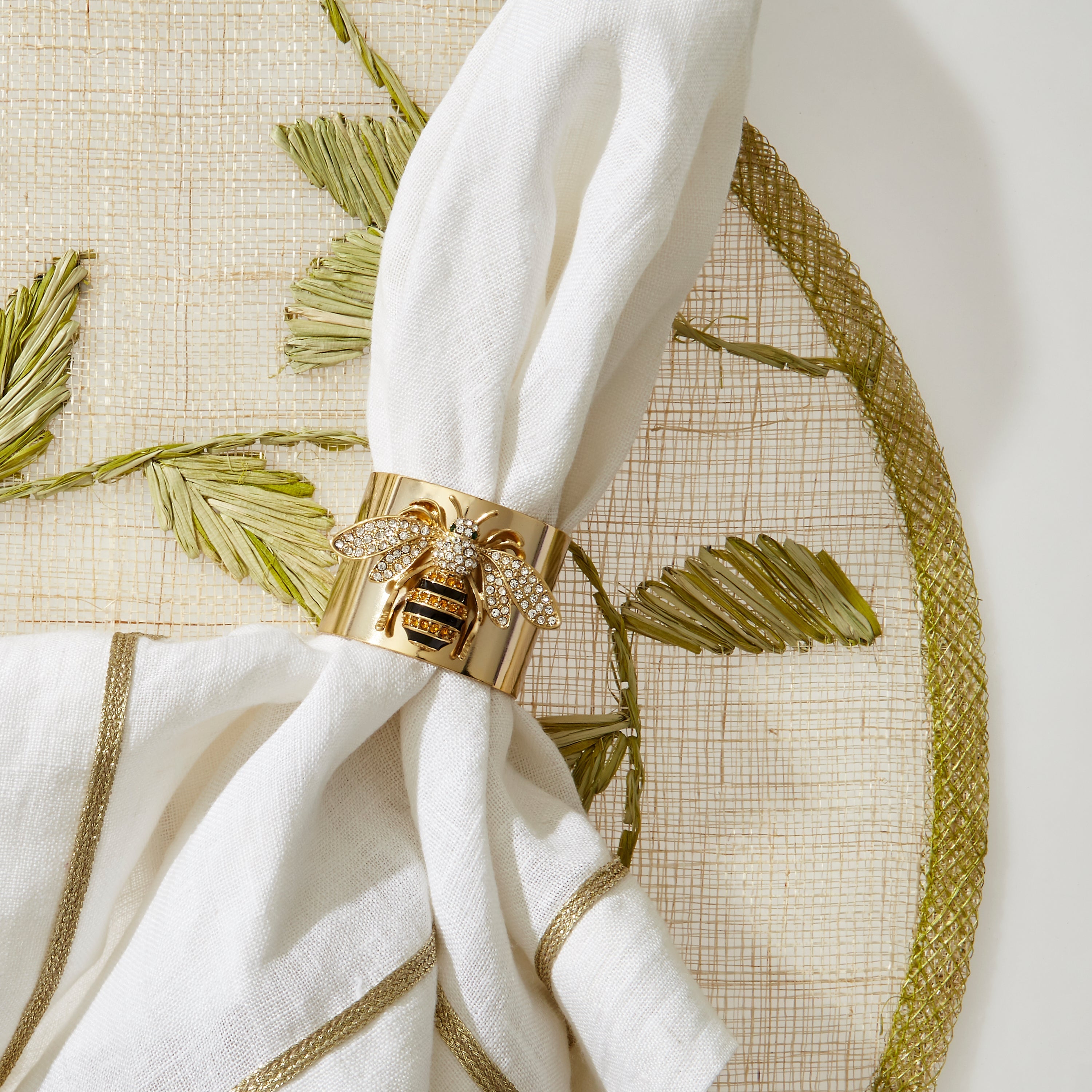 Gold Trim White Linen Dinner Napkins (Set of 2)