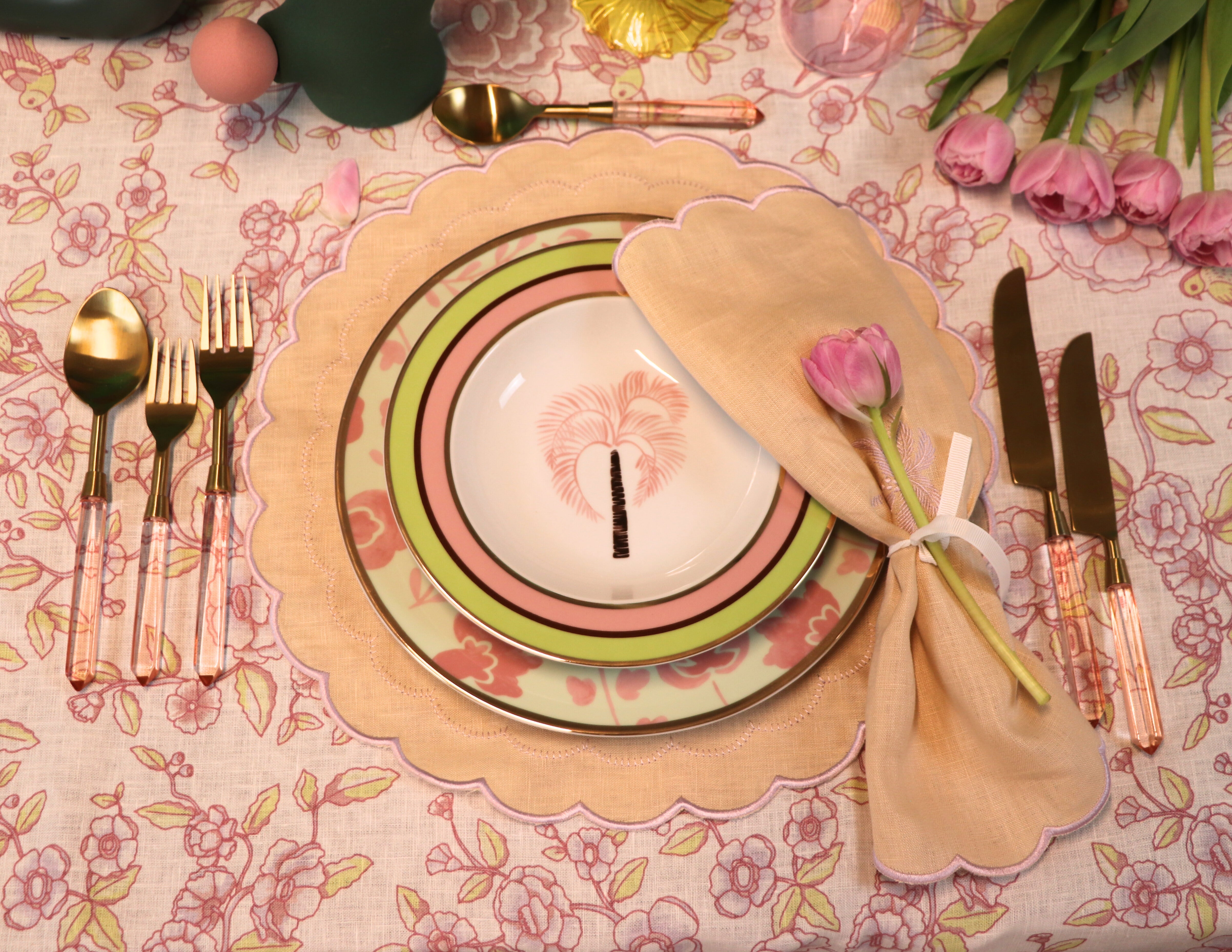 Blush Buttercream Linen Napkin in Cream with Dusty Pink Embroidery and Trim (Set of 4)