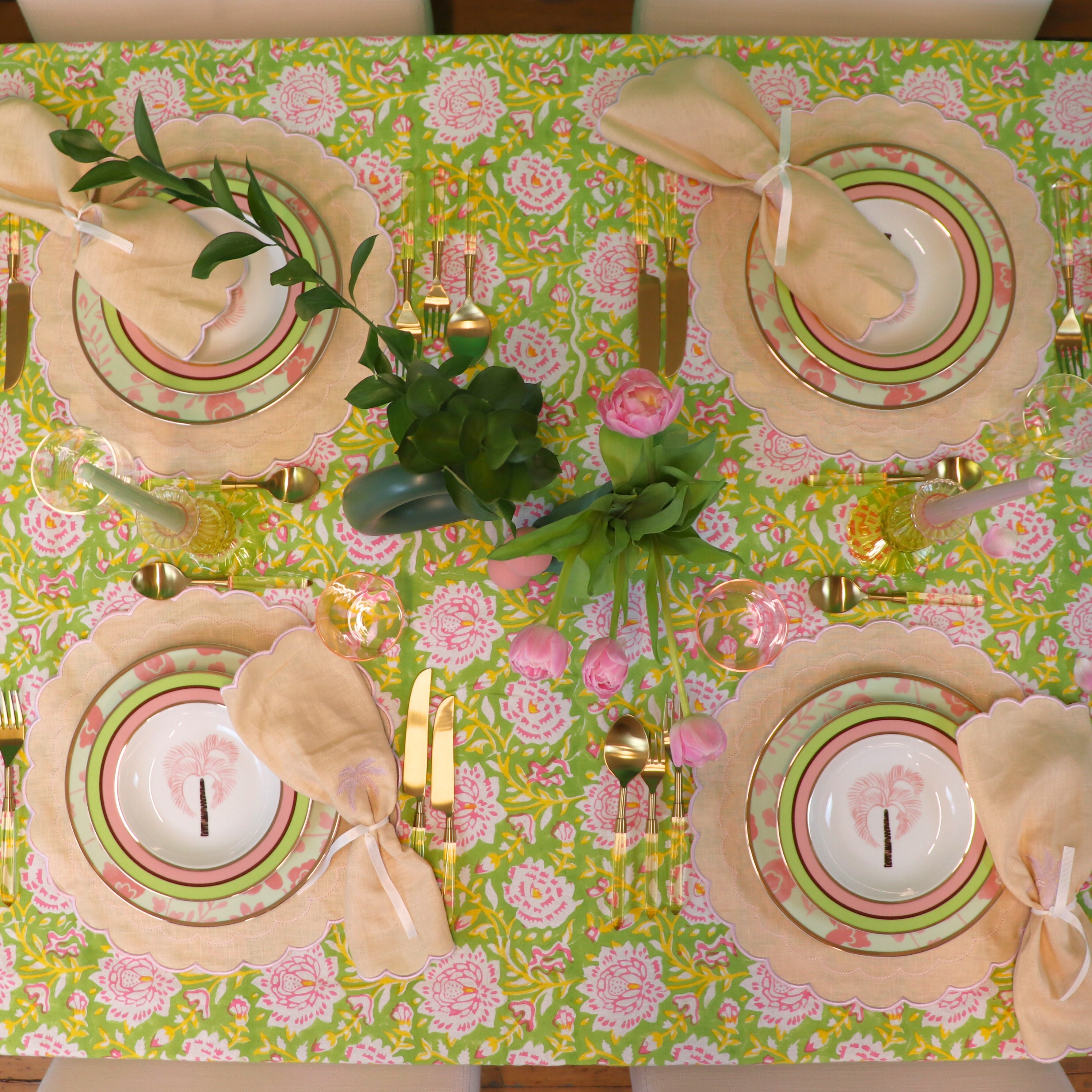 Blush Buttercream Linen Napkin in Cream with Dusty Pink Embroidery and Trim (Set of 4)