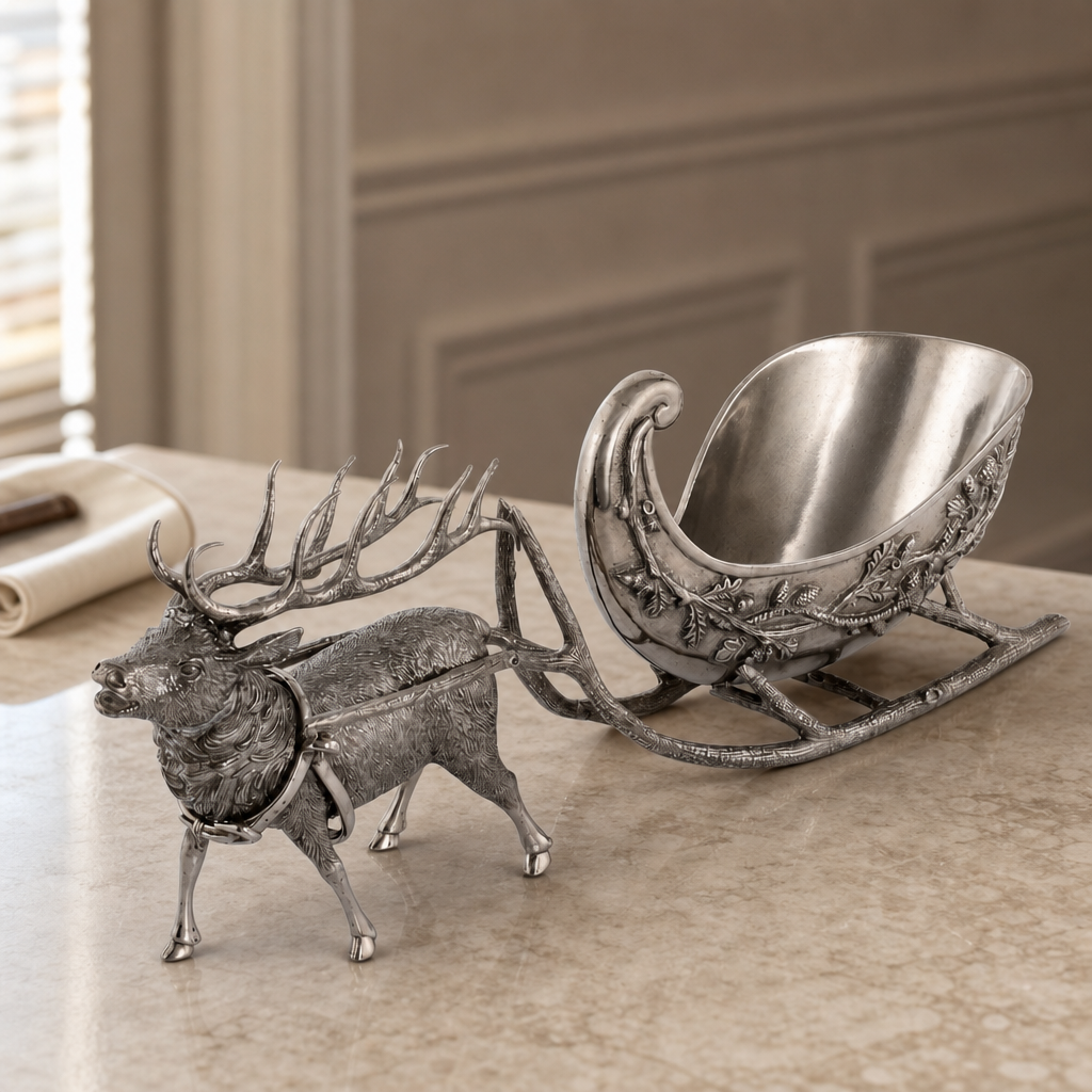 Pewter Reindeer Sleigh Centerpiece